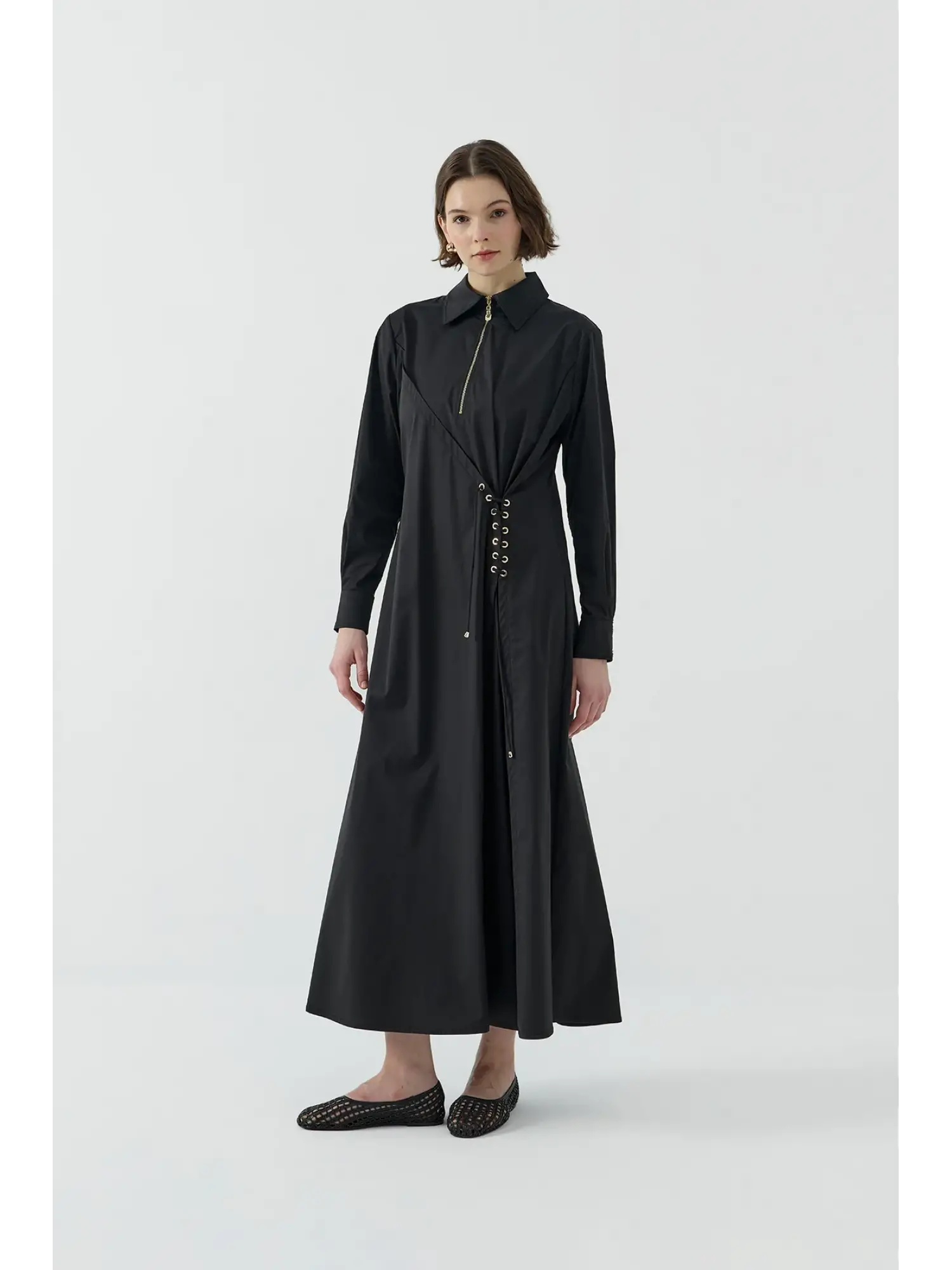 Clande Korsaj Bacık Detaylı Yaka Fermuarlı Poplin Elbise