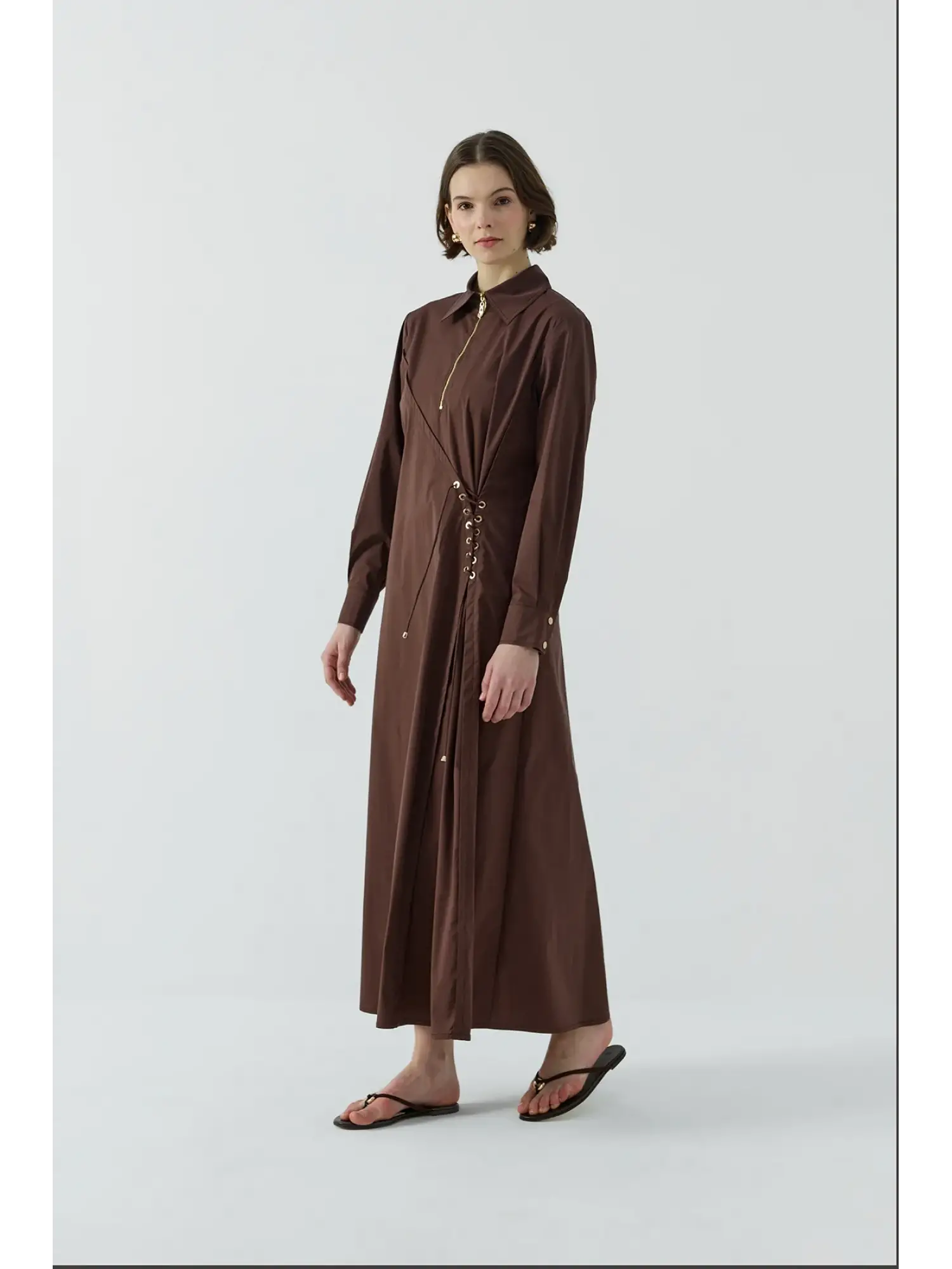 Clande Korsaj Bacık Detaylı Yaka Fermuarlı Poplin Elbise