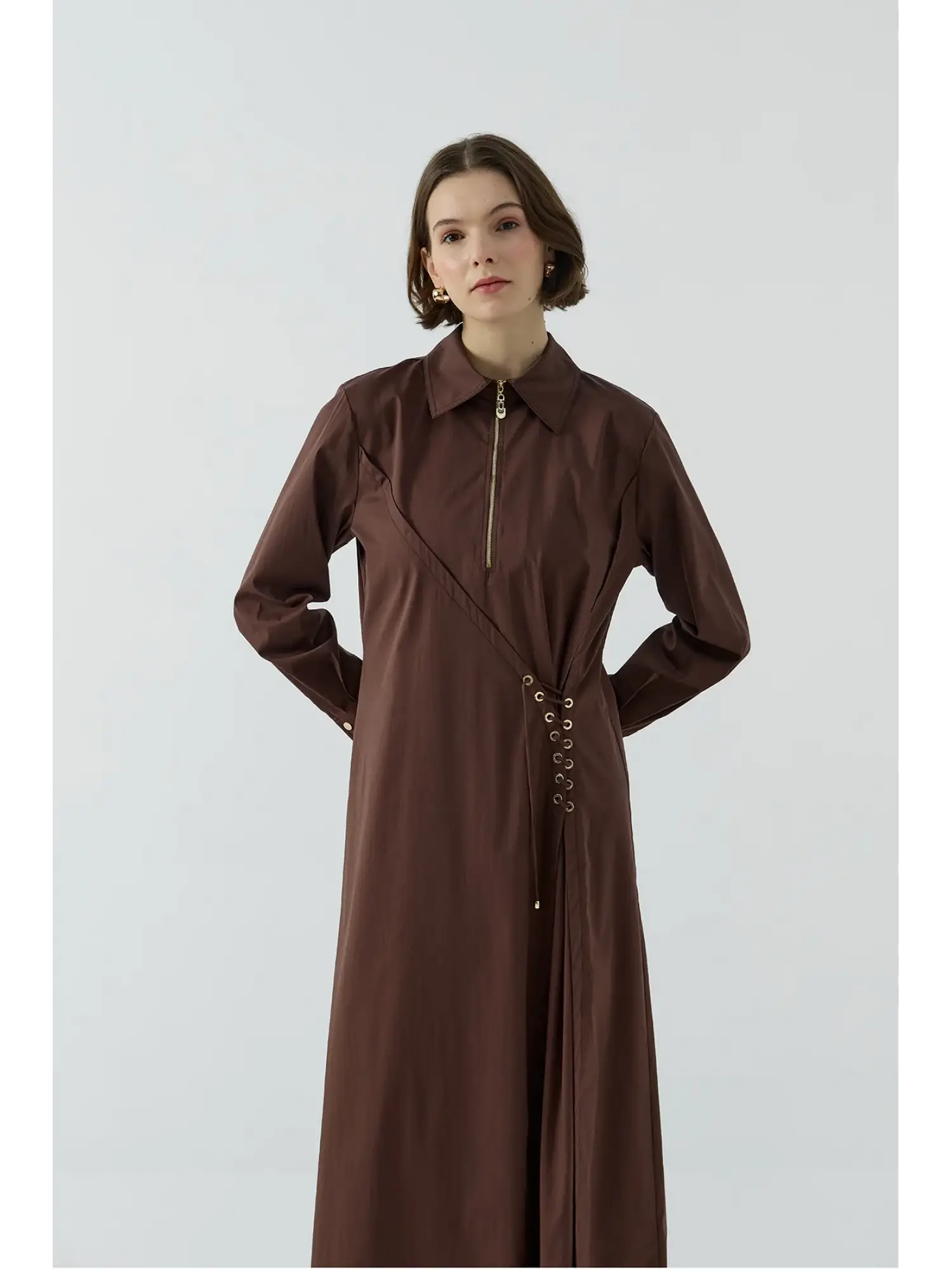 Clande Korsaj Bacık Detaylı Yaka Fermuarlı Poplin Elbise