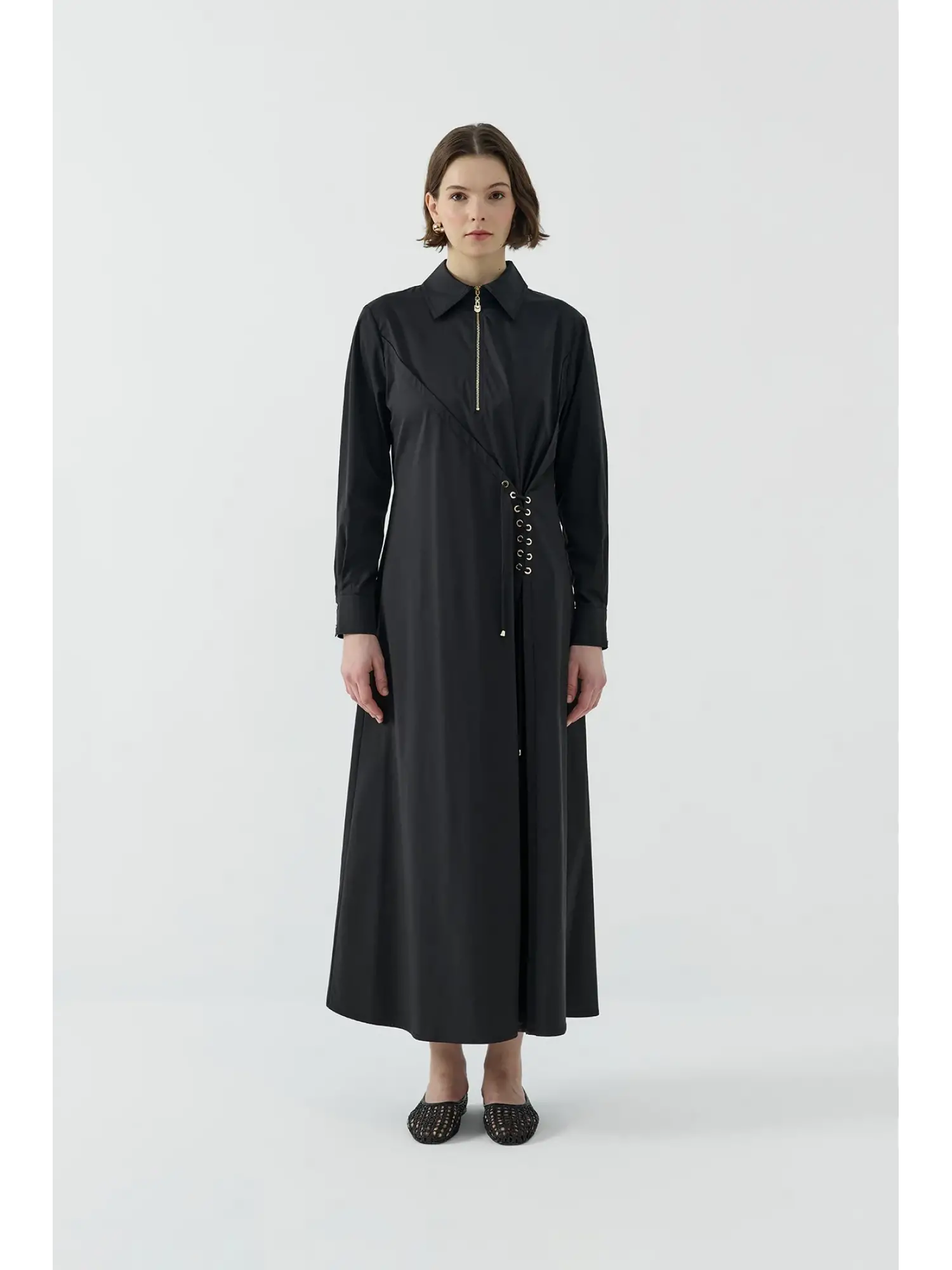 Clande Korsaj Bacık Detaylı Yaka Fermuarlı Poplin Elbise