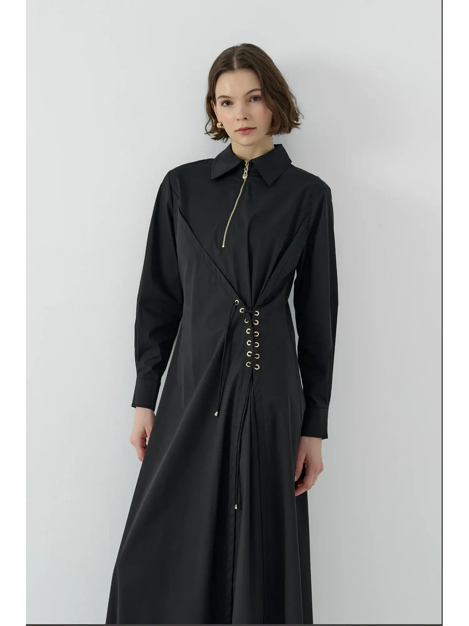 Clande Korsaj Bacık Detaylı Yaka Fermuarlı Poplin Elbise