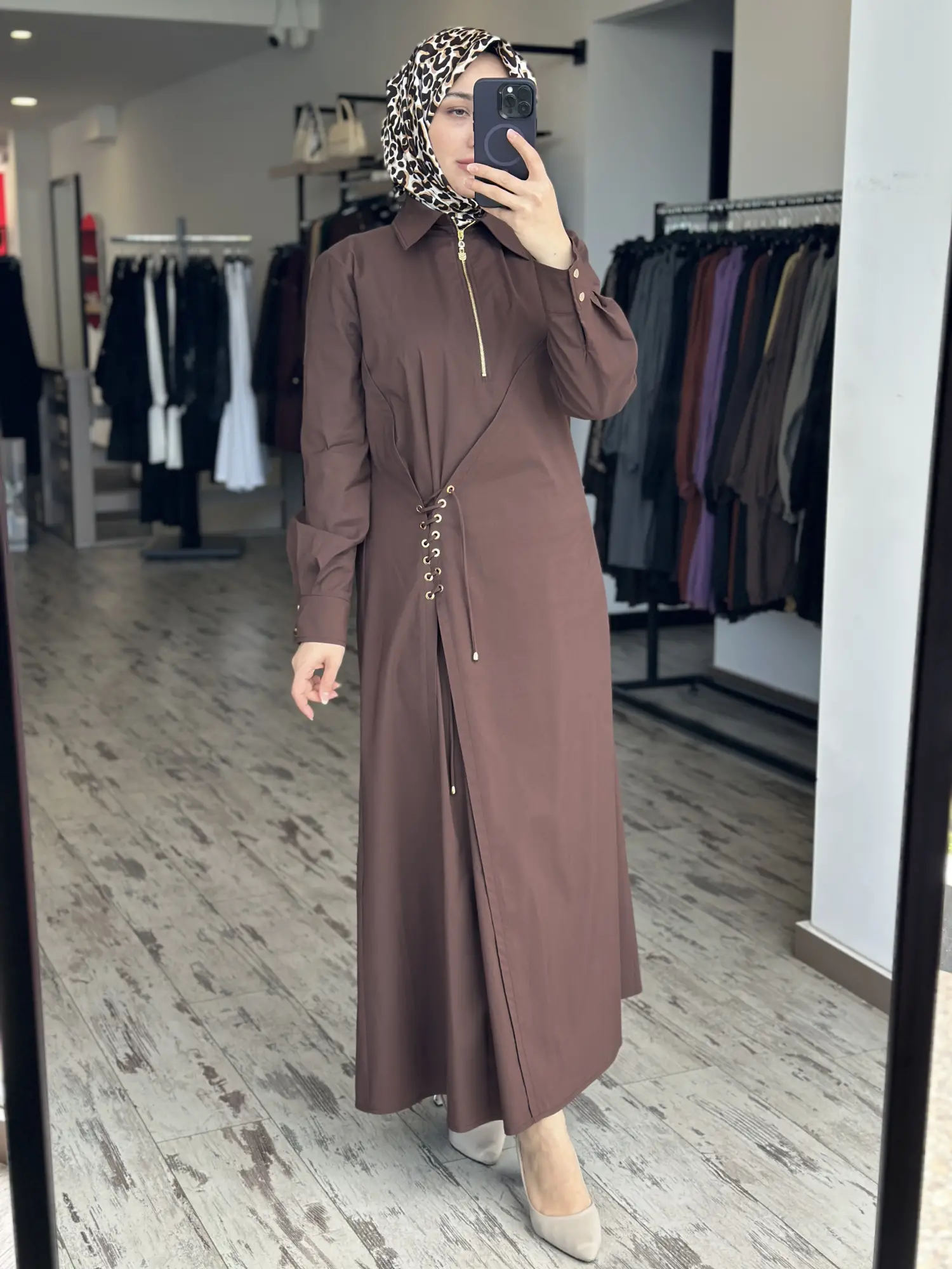 Clande Korsaj Bacık Detaylı Yaka Fermuarlı Poplin Elbise