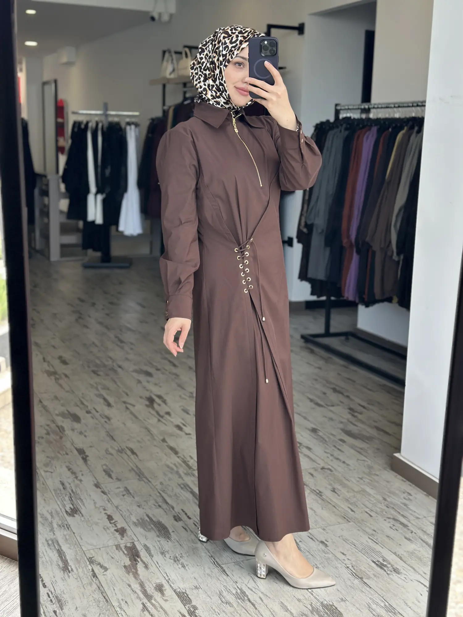 Clande Korsaj Bacık Detaylı Yaka Fermuarlı Poplin Elbise