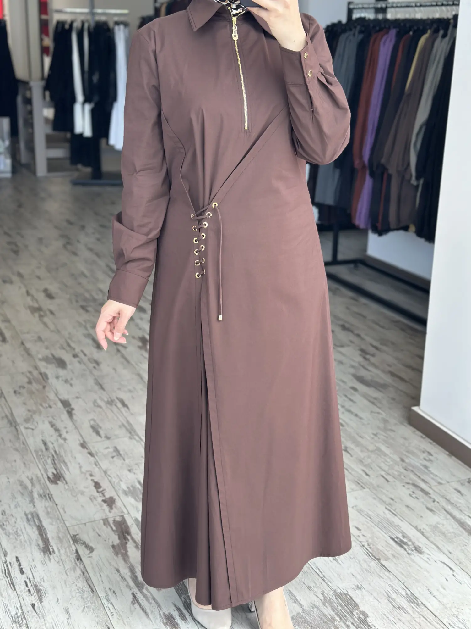 Clande Korsaj Bacık Detaylı Yaka Fermuarlı Poplin Elbise