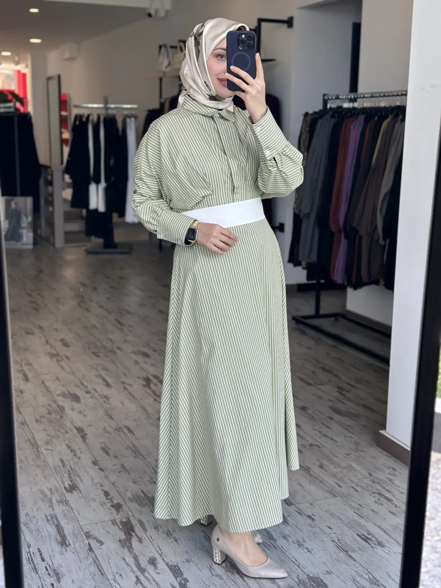 Almarwah Beli Korsajlı Çizgili Yarasa Kol Elbise 303909