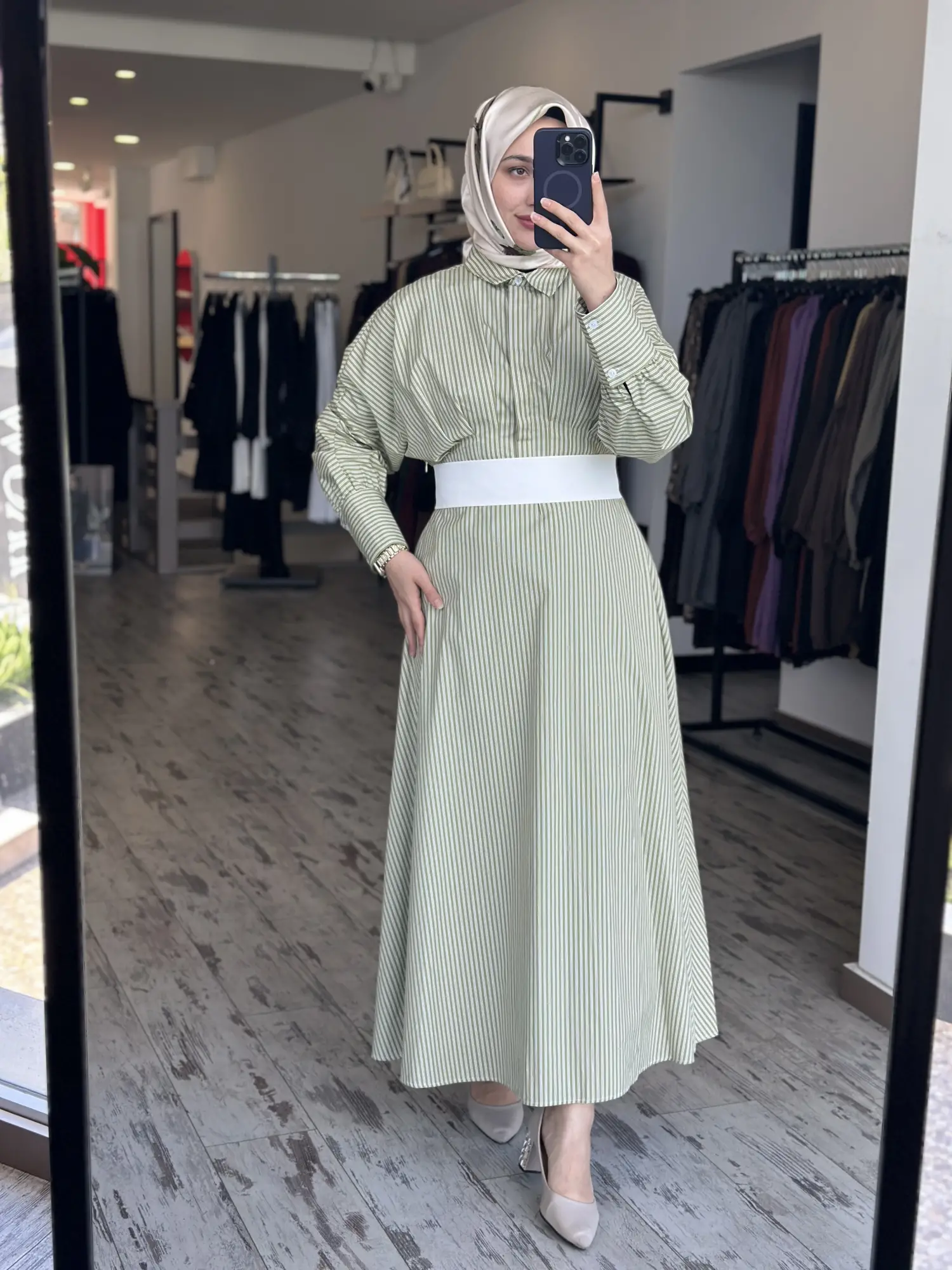 Almarwah Beli Korsajlı Çizgili Yarasa Kol Elbise 303909