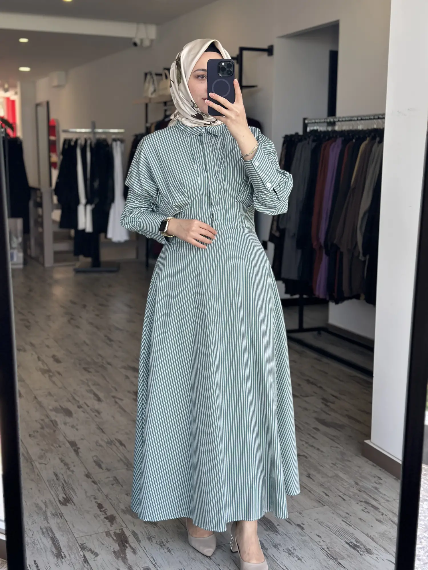 Almarwah Beli Korsajlı Çizgili Yarasa Kol Elbise 303909