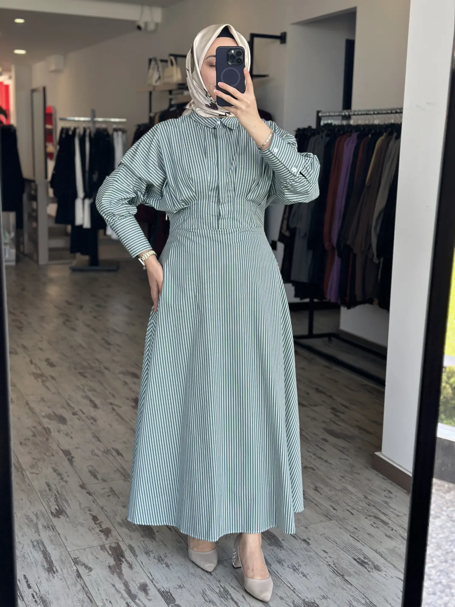 Almarwah Beli Korsajlı Çizgili Yarasa Kol Elbise 303909