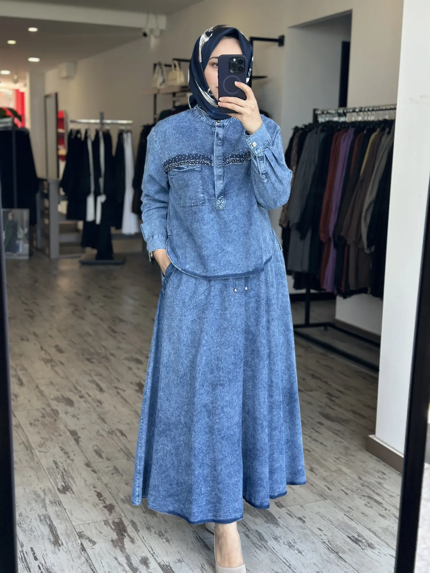 Kayra Taş Baskılı Patlı Kot Bluz Etek Takım KA16032