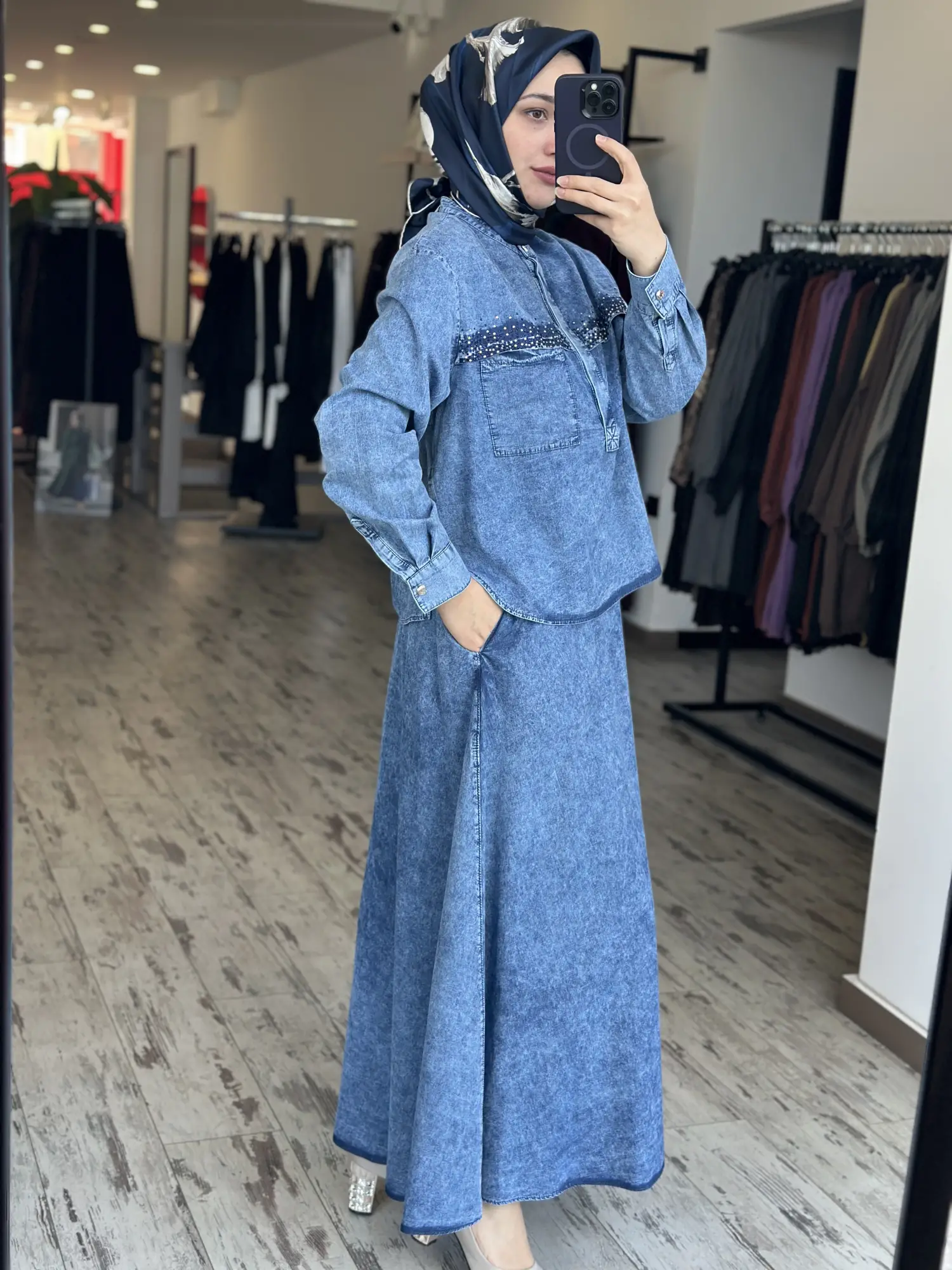 Kayra Taş Baskılı Patlı Kot Bluz Etek Takım KA16032