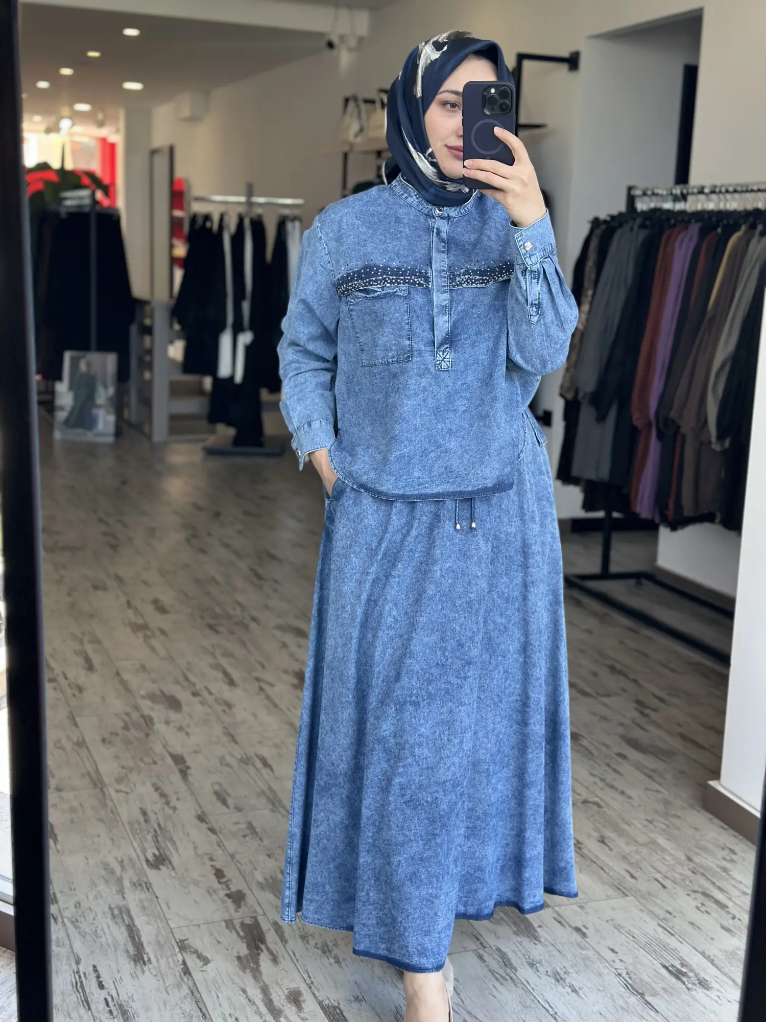 Kayra Taş Baskılı Patlı Kot Bluz Etek Takım KA16032