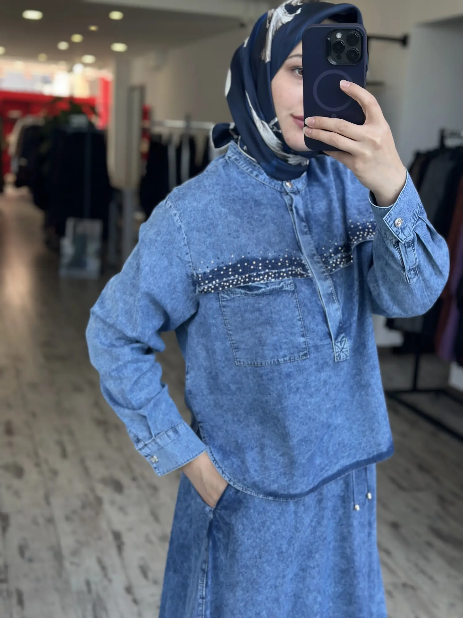 Kayra Taş Baskılı Patlı Kot Bluz Etek Takım KA16032