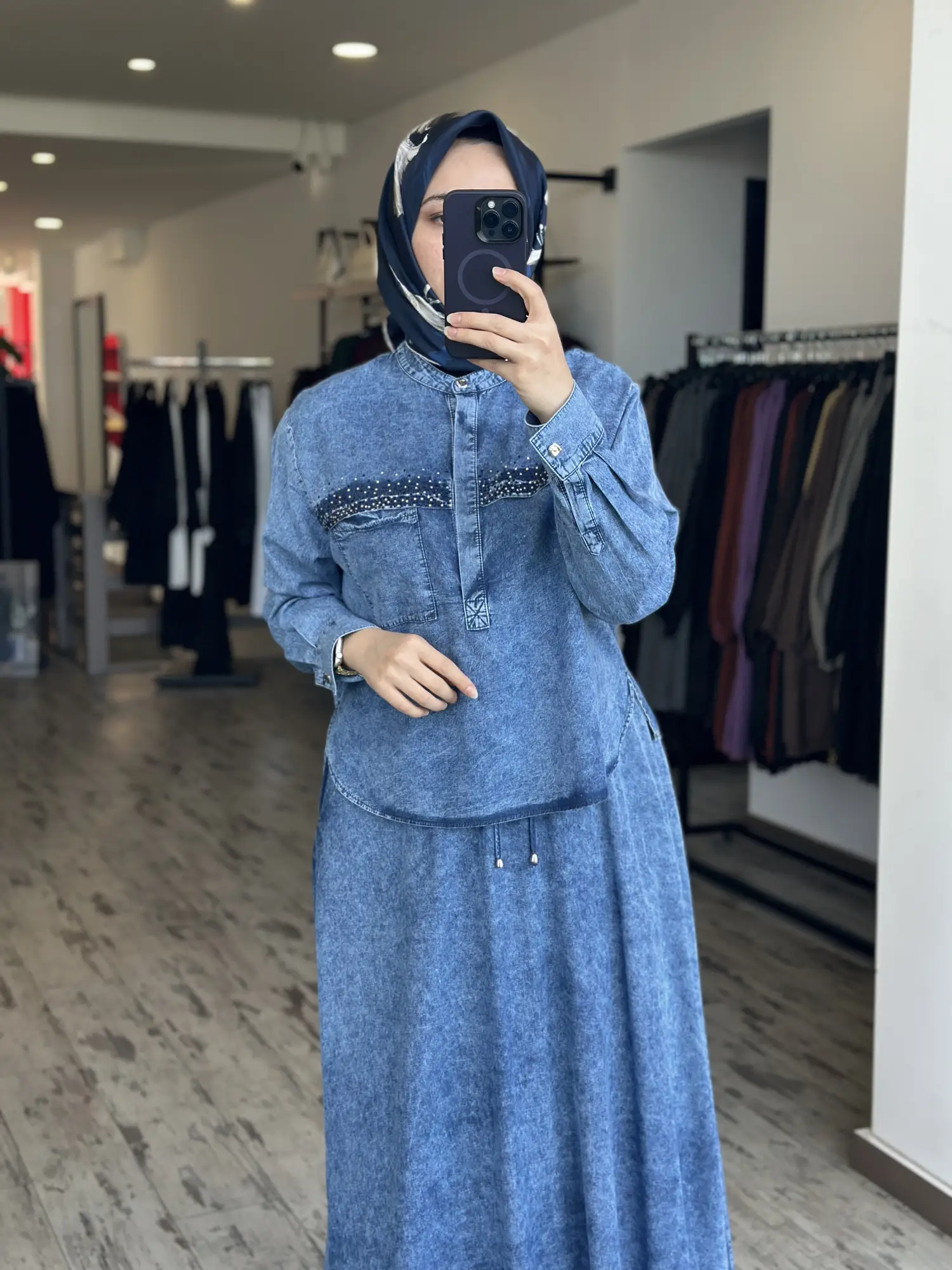 Kayra Taş Baskılı Patlı Kot Bluz Etek Takım KA16032