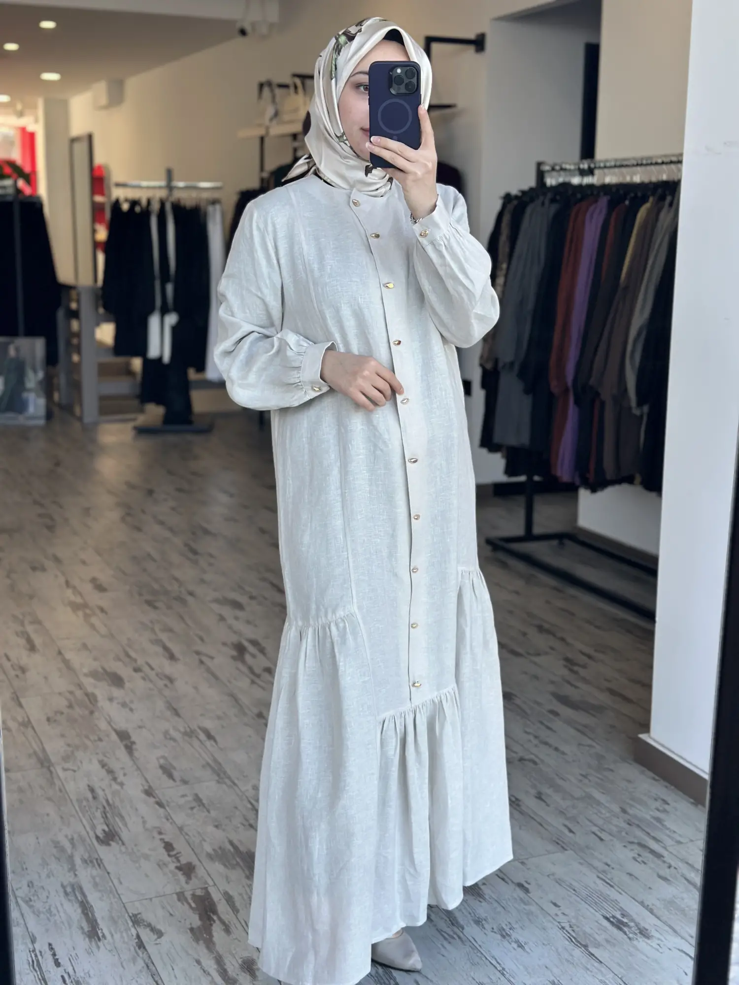 Clande Gold Düğme Detaylı Keten Elbise