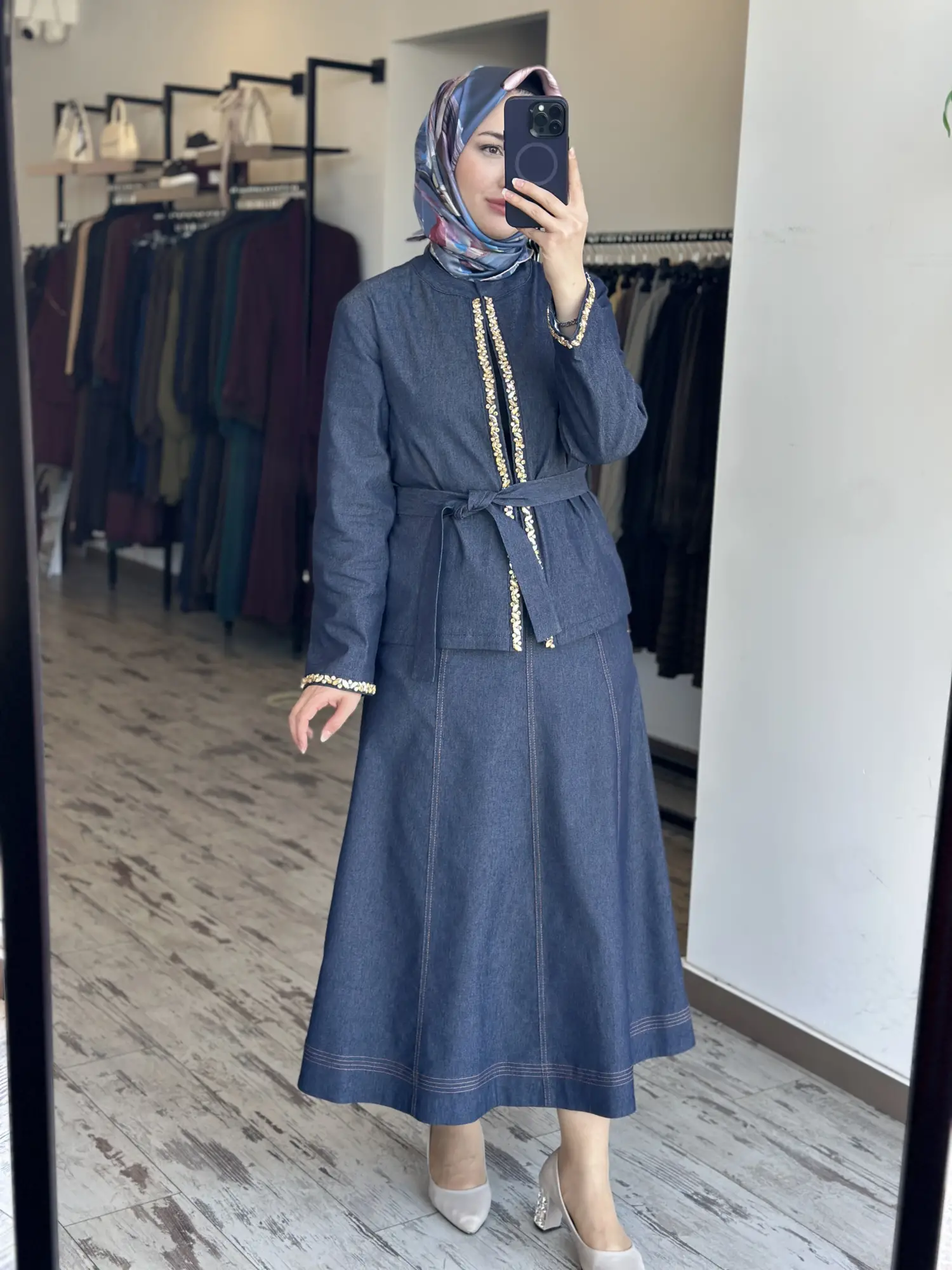 Zems Kristal Taş Detaylı Denim Ceket Etek Takım 2T078