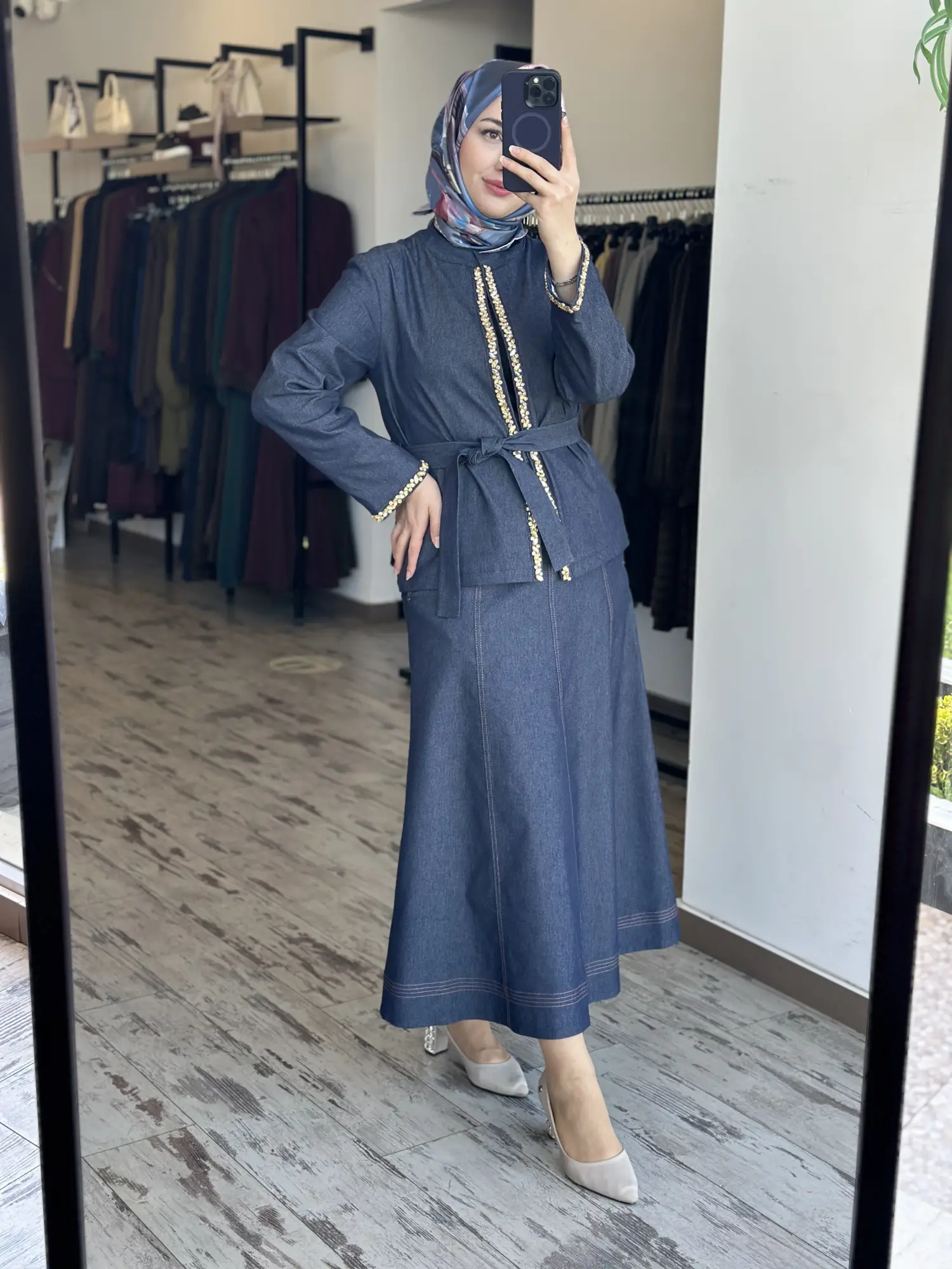 Zems Kristal Taş Detaylı Denim Ceket Etek Takım 2T078