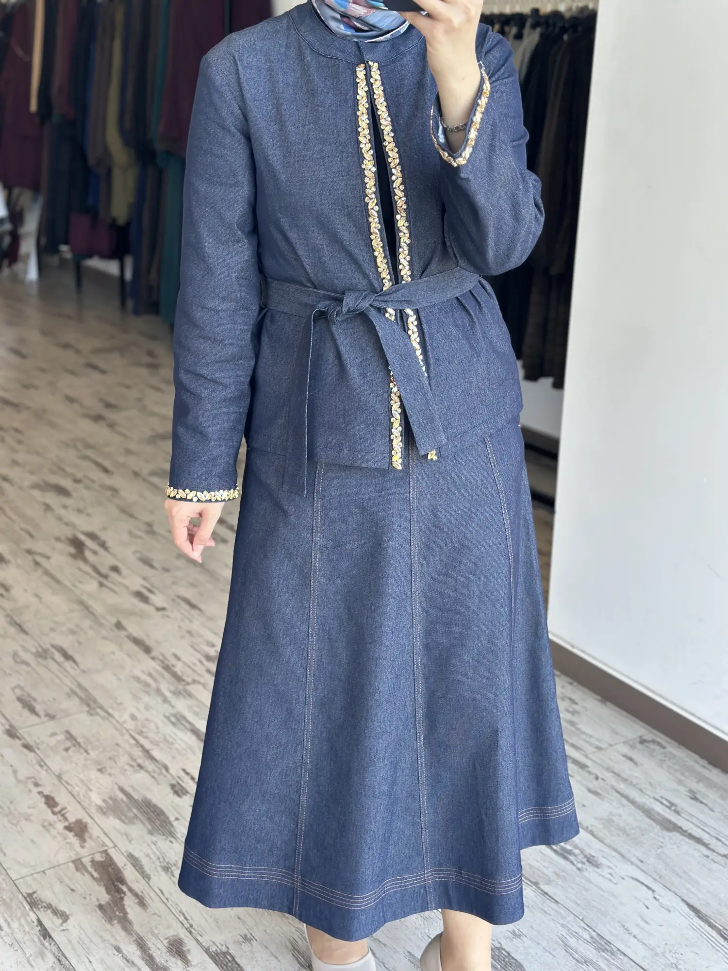 Zems Kristal Taş Detaylı Denim Ceket Etek Takım 2T078