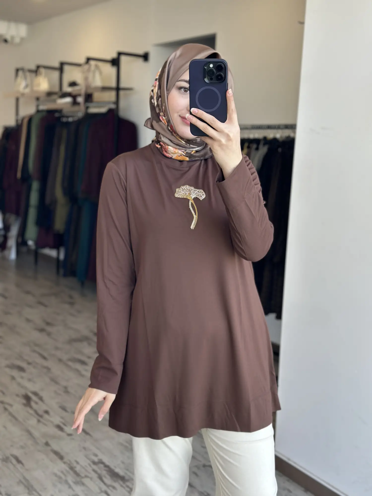 Qupra Önü Taş Detaylı Uzun Kollu Modal Penye Tunik WAD1411