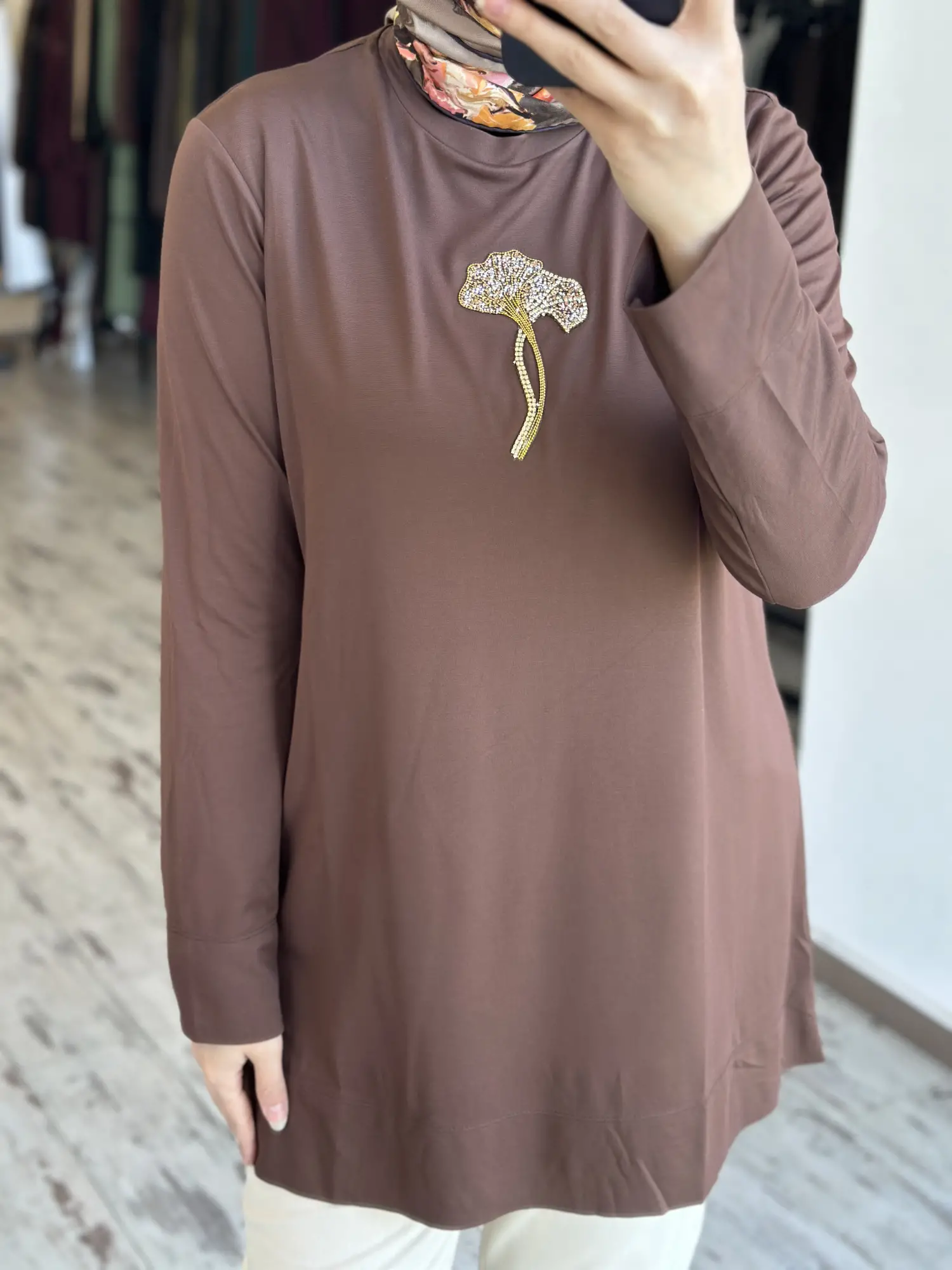 Qupra Önü Taş Detaylı Uzun Kollu Modal Penye Tunik WAD1411