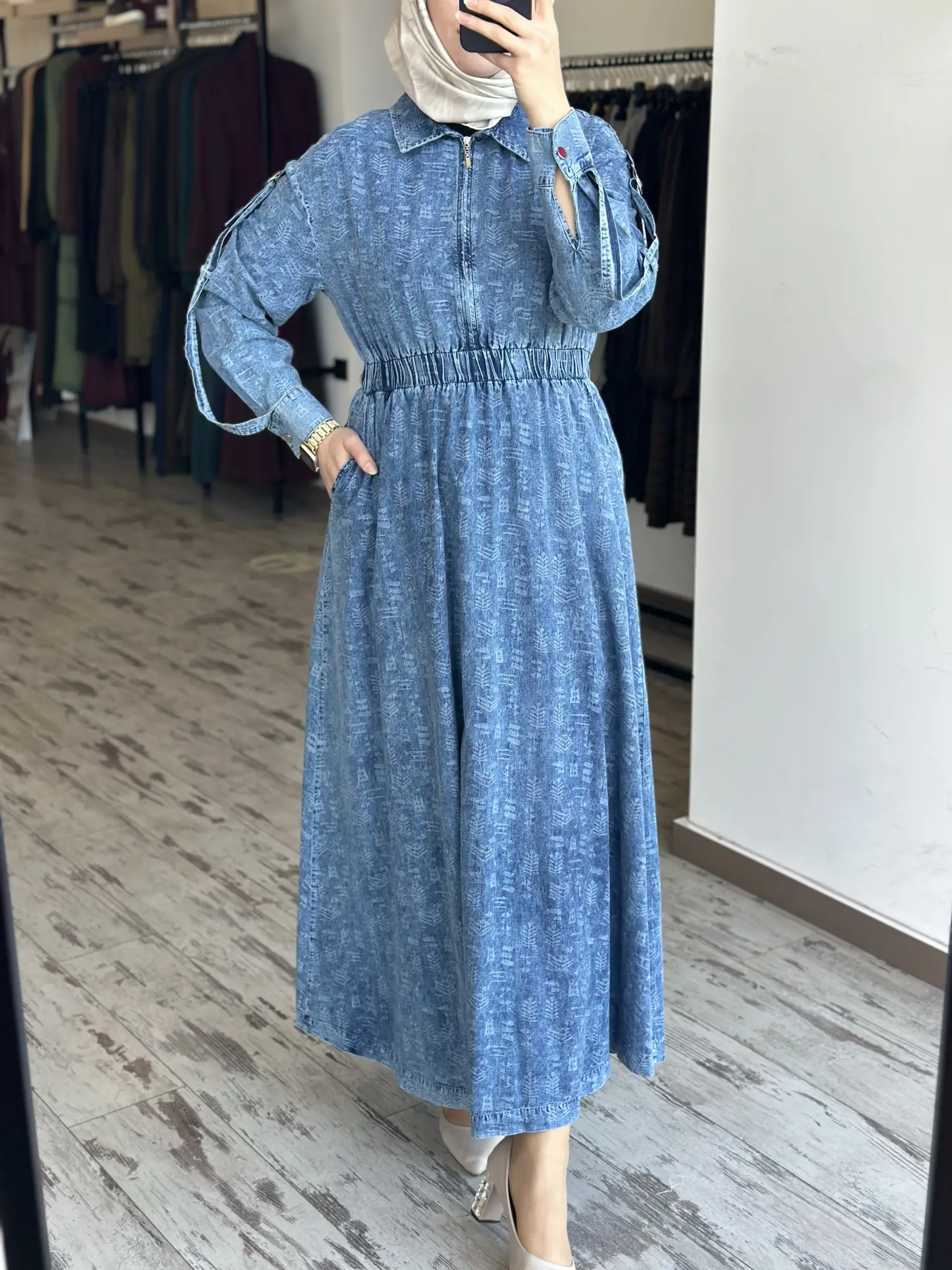 Kayra Kendinden Desenli Yakası Fermuarlı Tencel Kot Elbise KA83014
