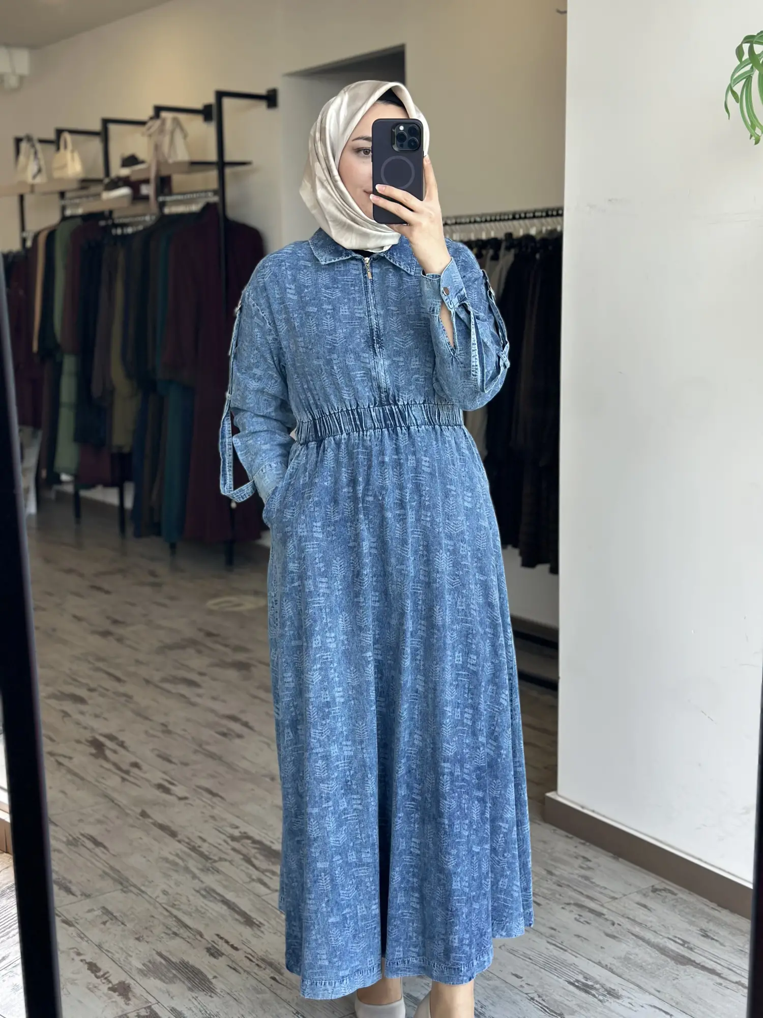 Kayra Kendinden Desenli Yakası Fermuarlı Tencel Kot Elbise KA83014