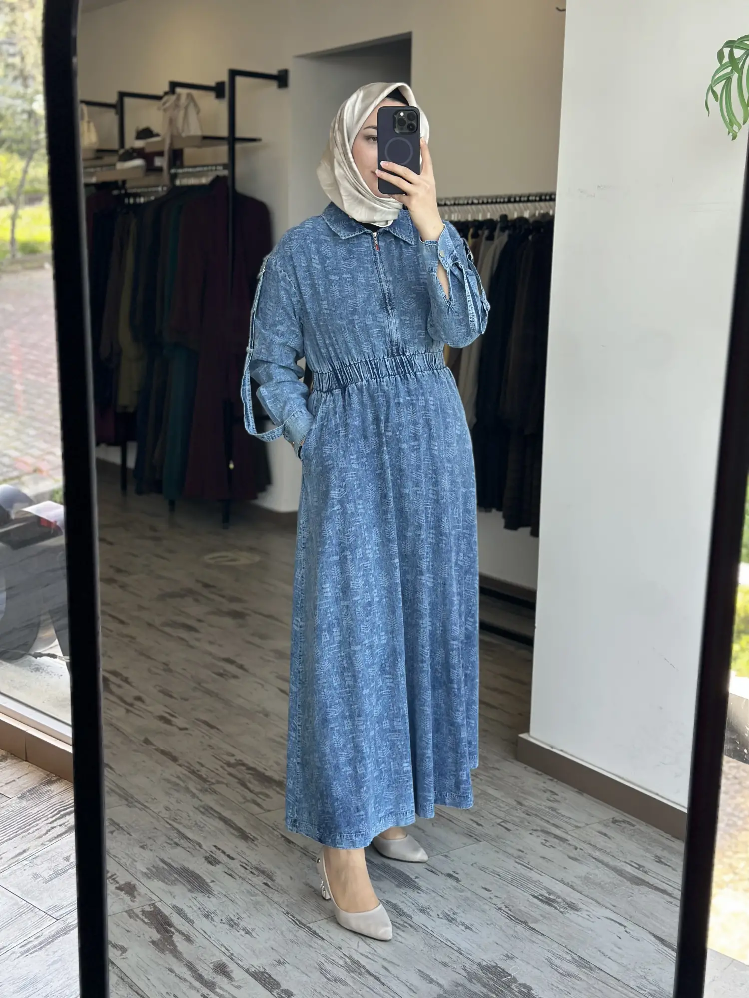 Kayra Kendinden Desenli Yakası Fermuarlı Tencel Kot Elbise KA83014