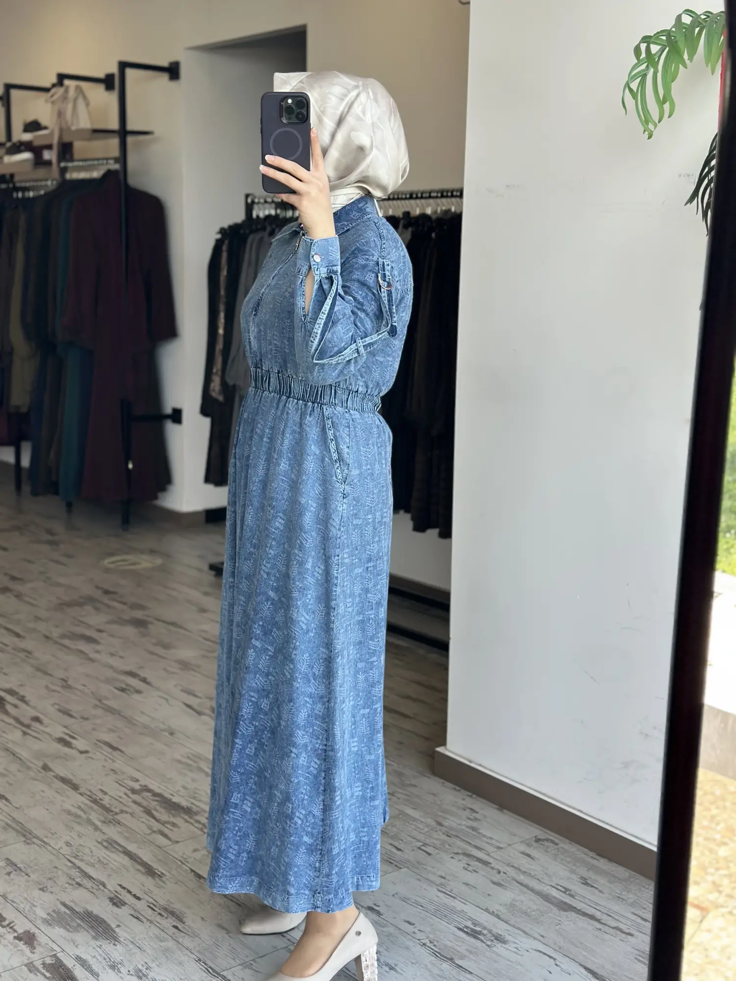 Kayra Kendinden Desenli Yakası Fermuarlı Tencel Kot Elbise KA83014