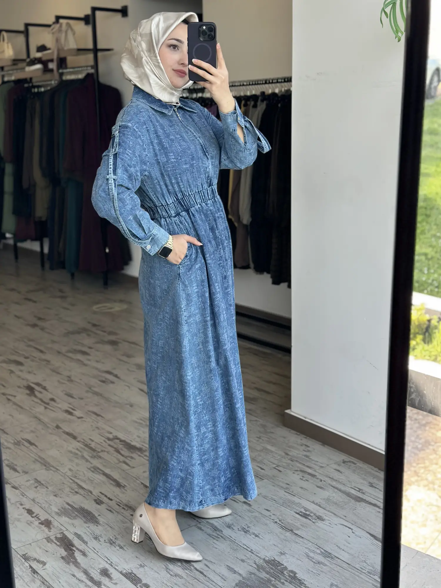Kayra Kendinden Desenli Yakası Fermuarlı Tencel Kot Elbise KA83014
