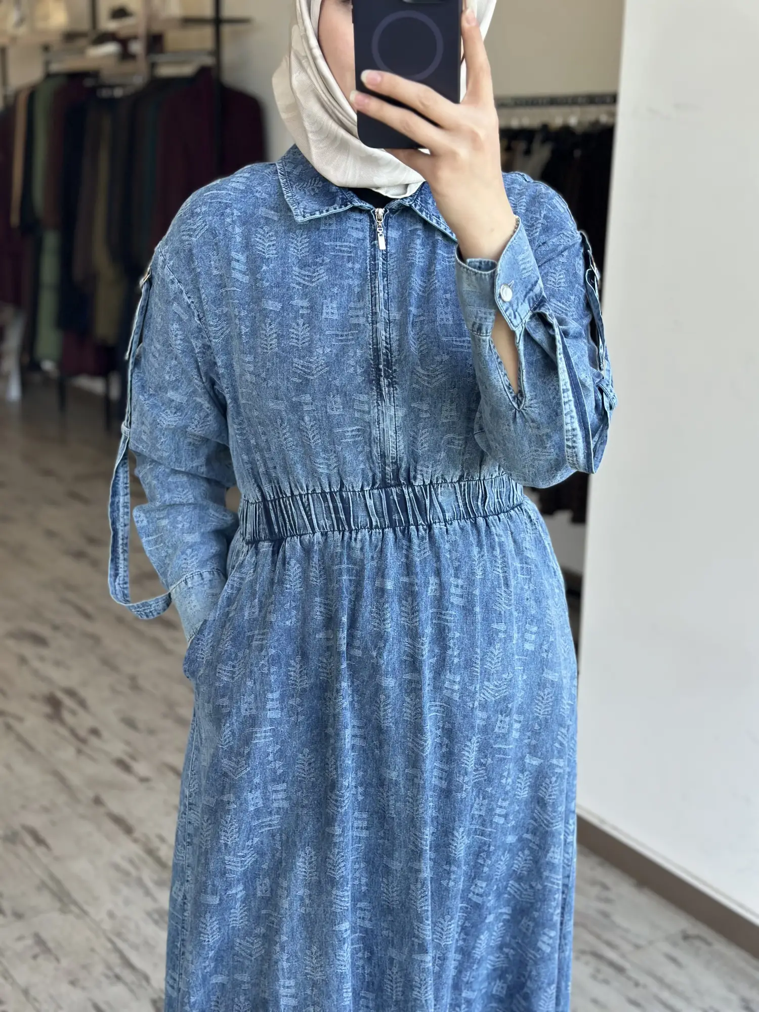 Kayra Kendinden Desenli Yakası Fermuarlı Tencel Kot Elbise KA83014