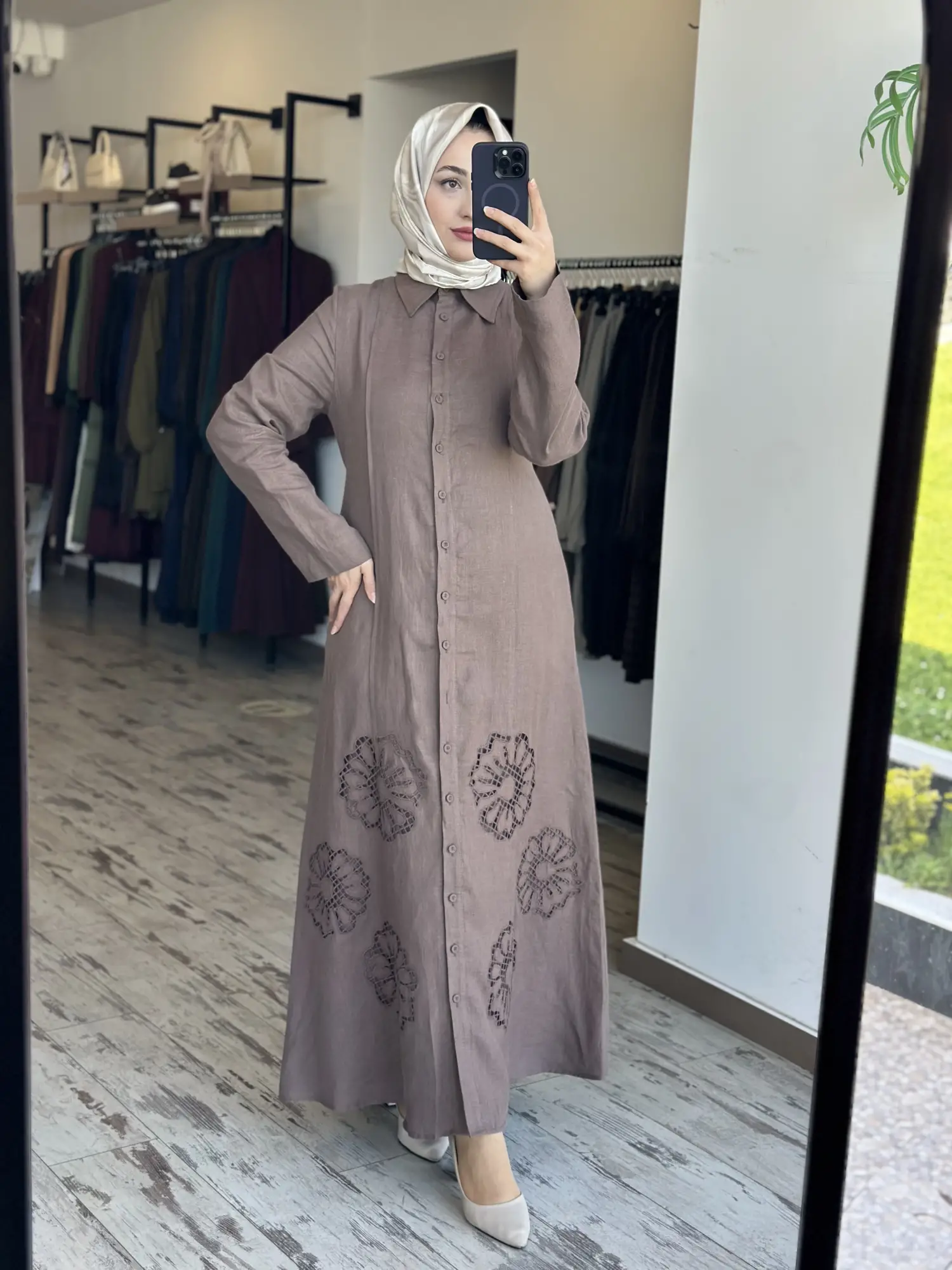 Clande Etek Ucu Lazer Kesimli Keten Gömlek Elbise