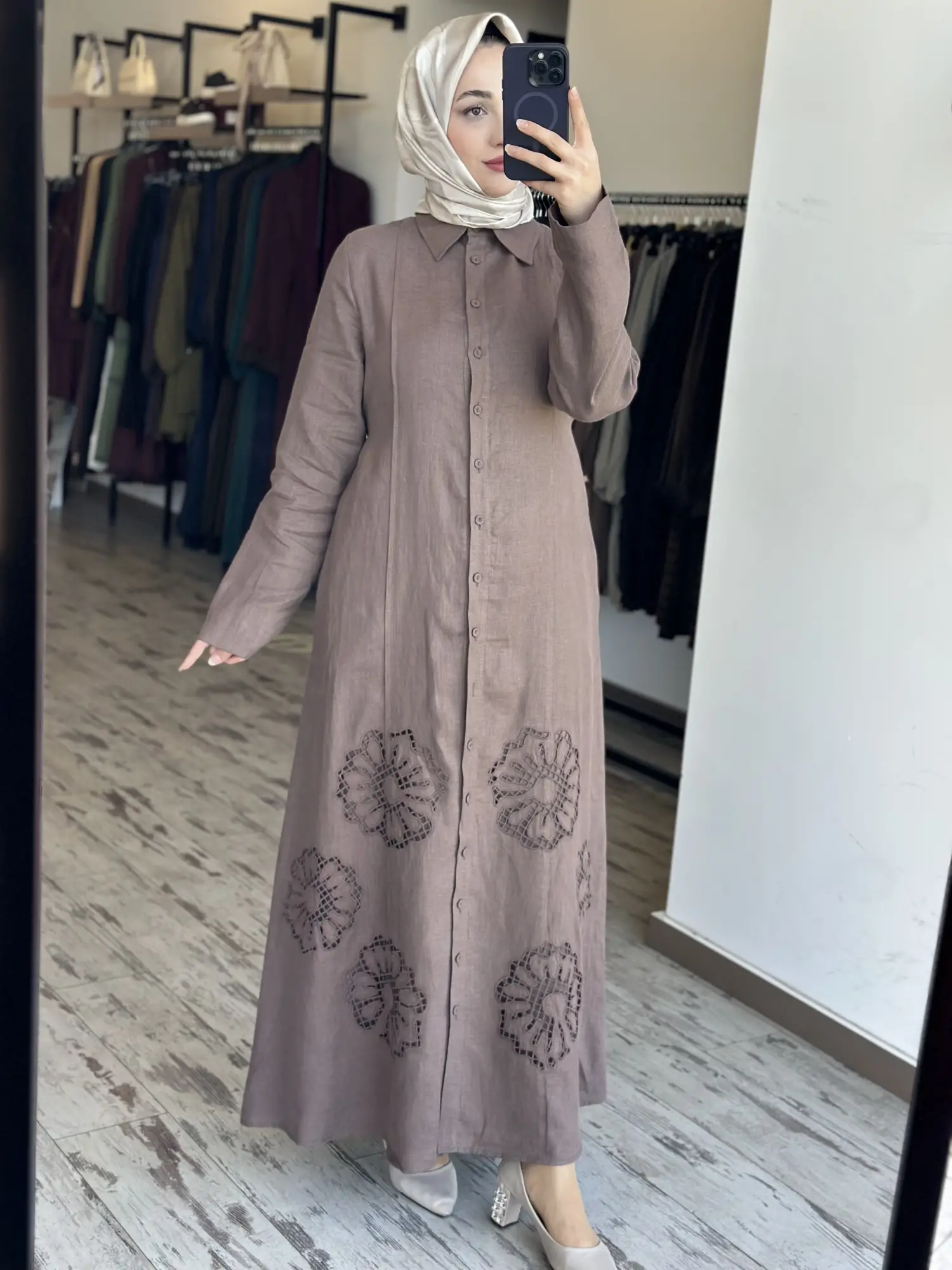 Clande Etek Ucu Lazer Kesimli Keten Gömlek Elbise