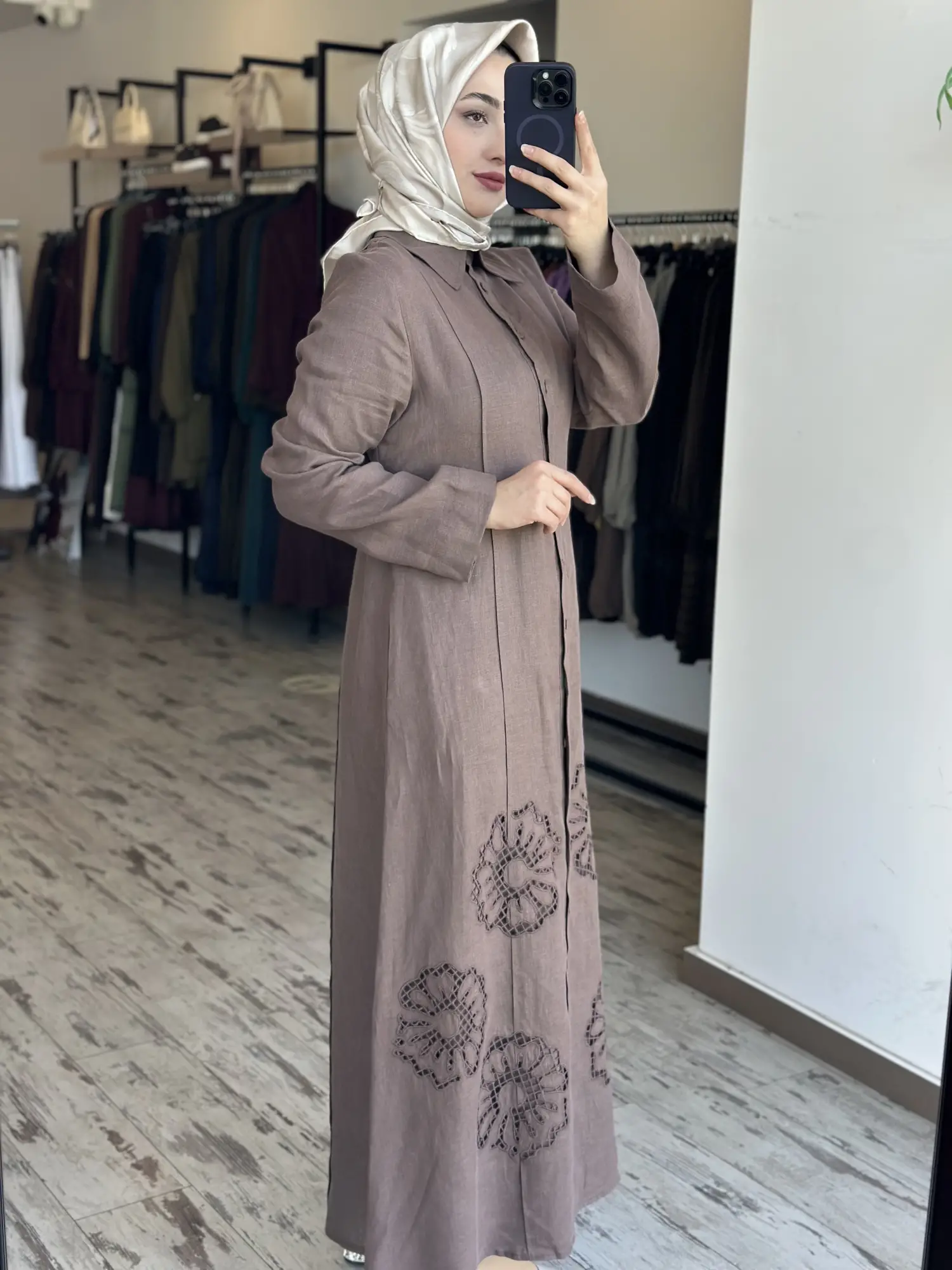 Clande Etek Ucu Lazer Kesimli Keten Gömlek Elbise