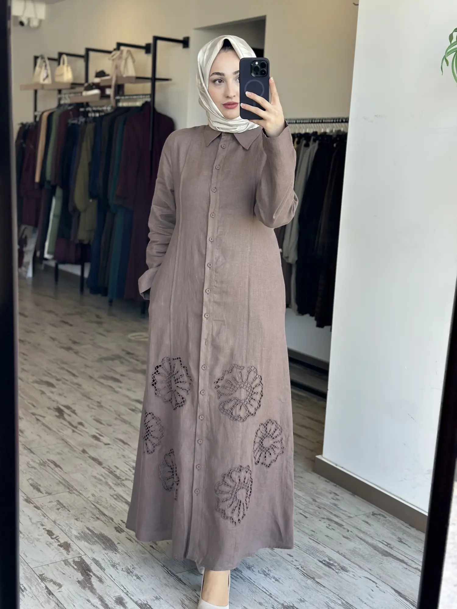 Clande Etek Ucu Lazer Kesimli Keten Gömlek Elbise