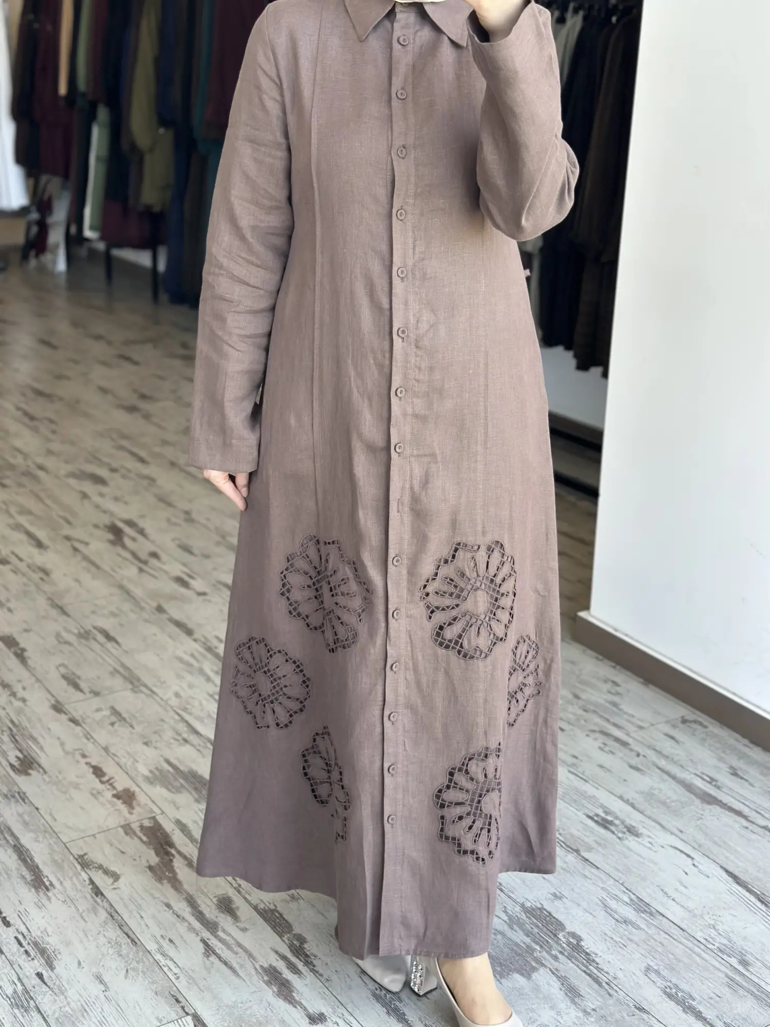 Clande Etek Ucu Lazer Kesimli Keten Gömlek Elbise