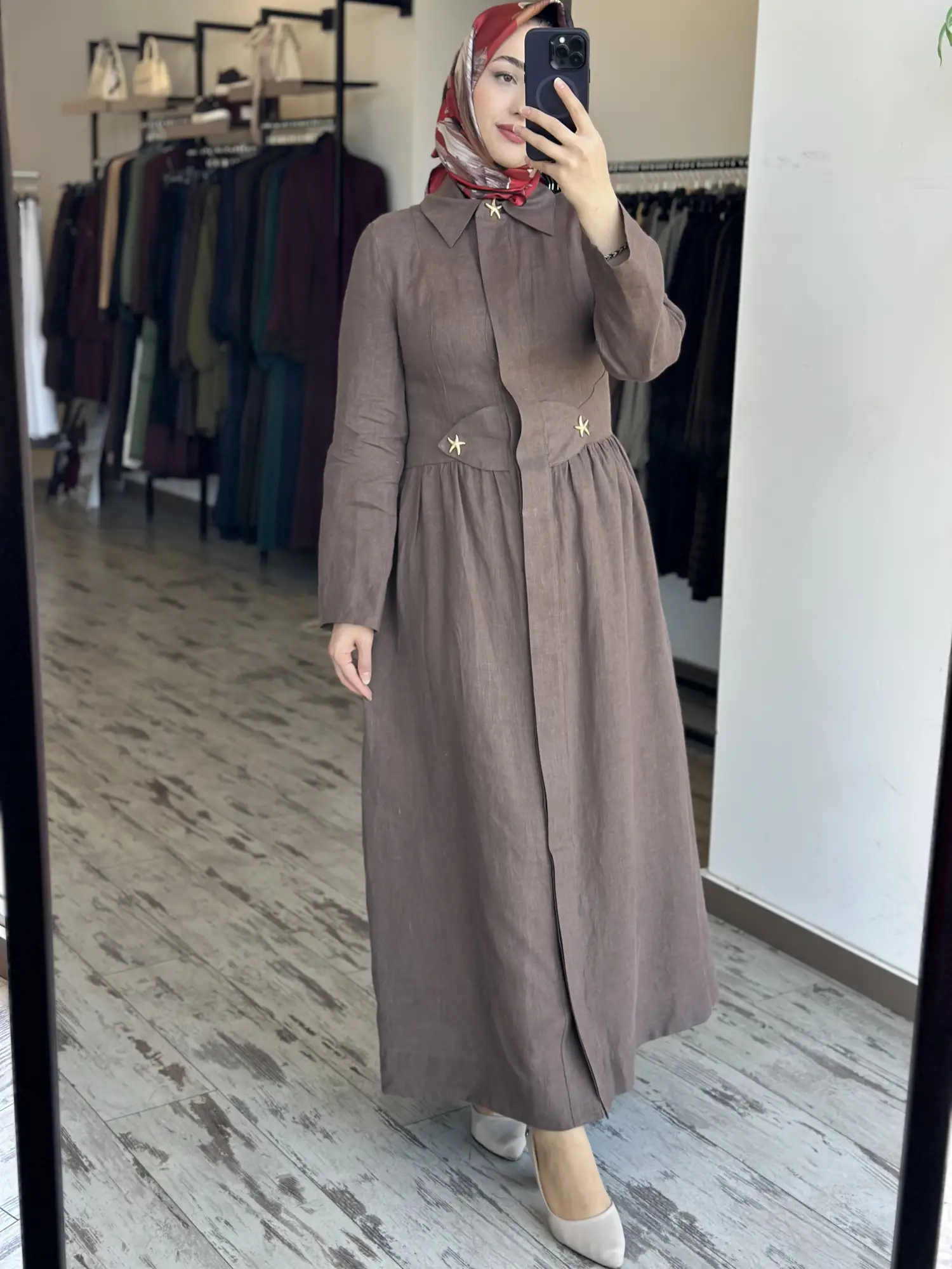 Clande Gold Yıldız Düğmeli Keten Gömlek Elbise