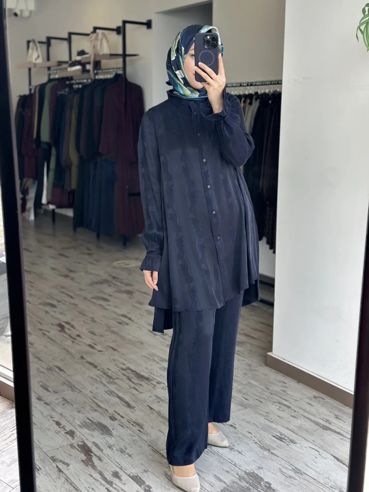 Misswhence Kendinden Desenli Jakarlı Cupra İpek Gömlek Pantolon Takım 39019