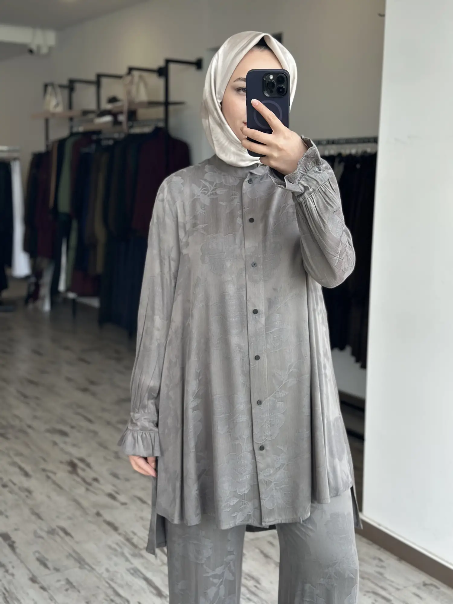 Misswhence Kendinden Desenli Jakarlı Cupra İpek Gömlek Pantolon Takım 39019