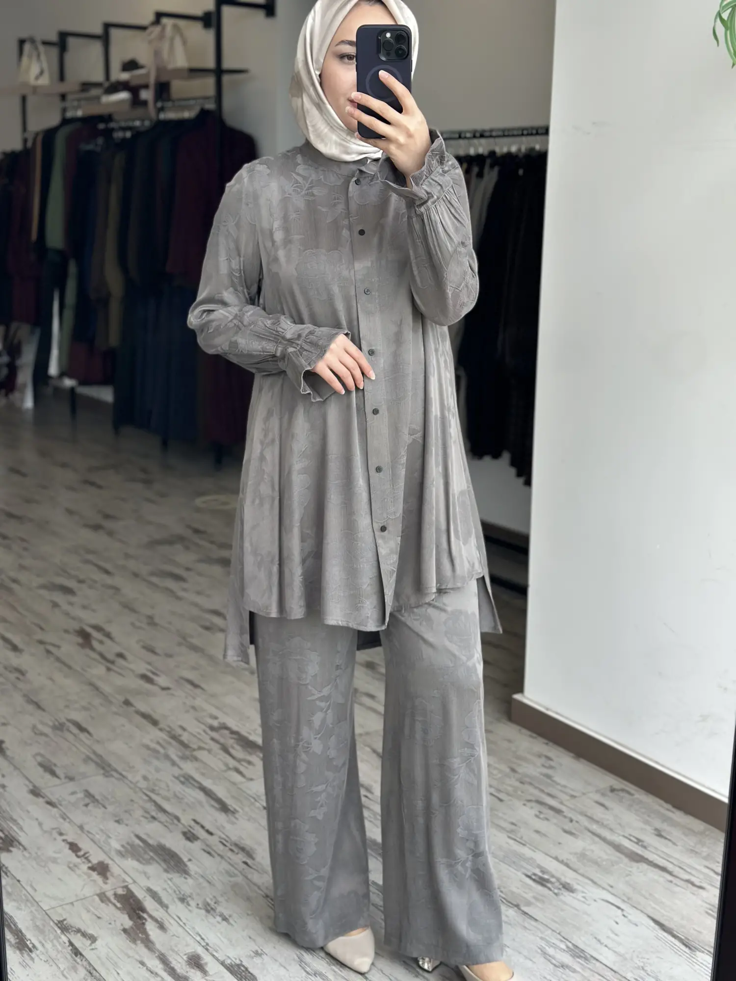 Misswhence Kendinden Desenli Jakarlı Cupra İpek Gömlek Pantolon Takım 39019