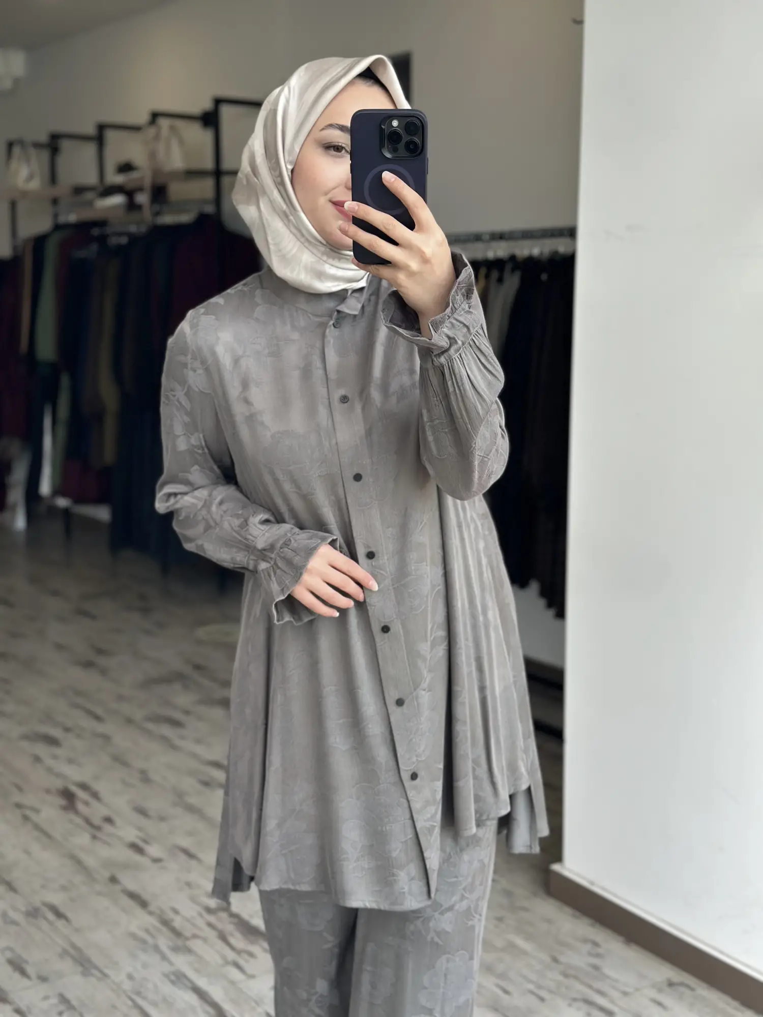 Misswhence Kendinden Desenli Jakarlı Cupra İpek Gömlek Pantolon Takım 39019