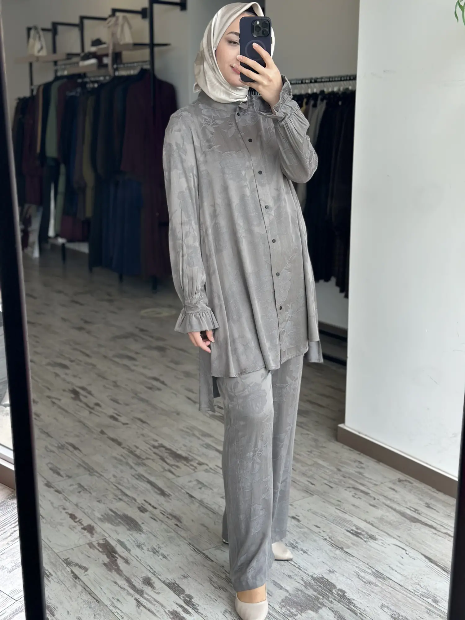 Misswhence Kendinden Desenli Jakarlı Cupra İpek Gömlek Pantolon Takım 39019