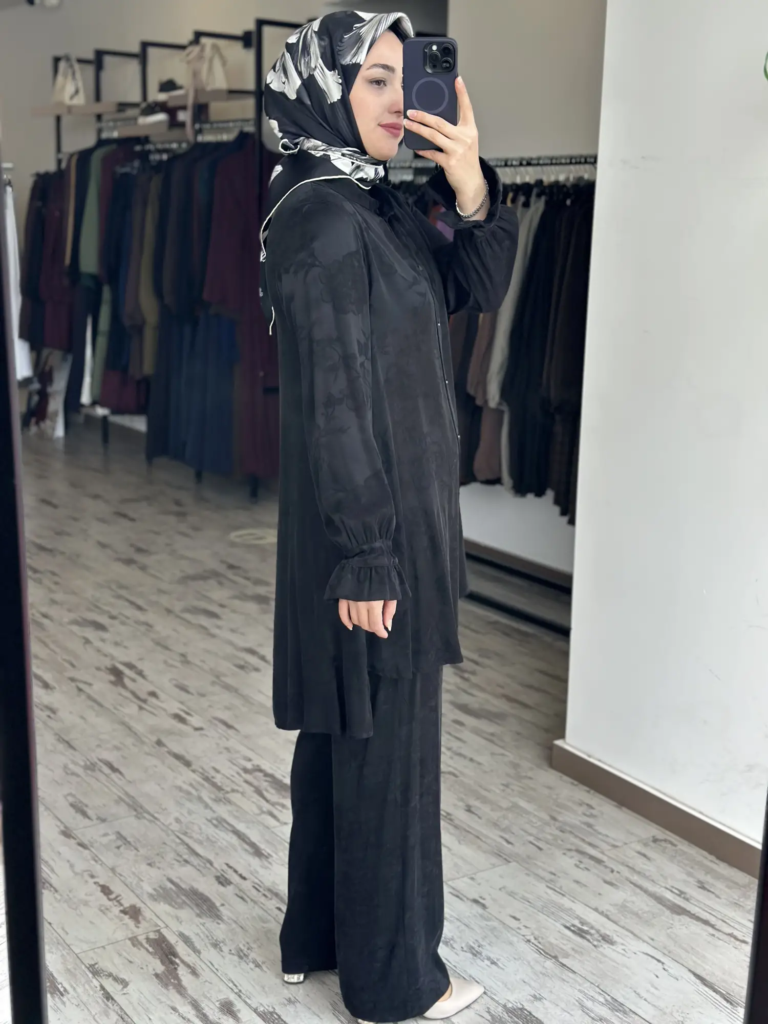 Misswhence Kendinden Desenli Jakarlı Cupra İpek Gömlek Pantolon Takım 39019