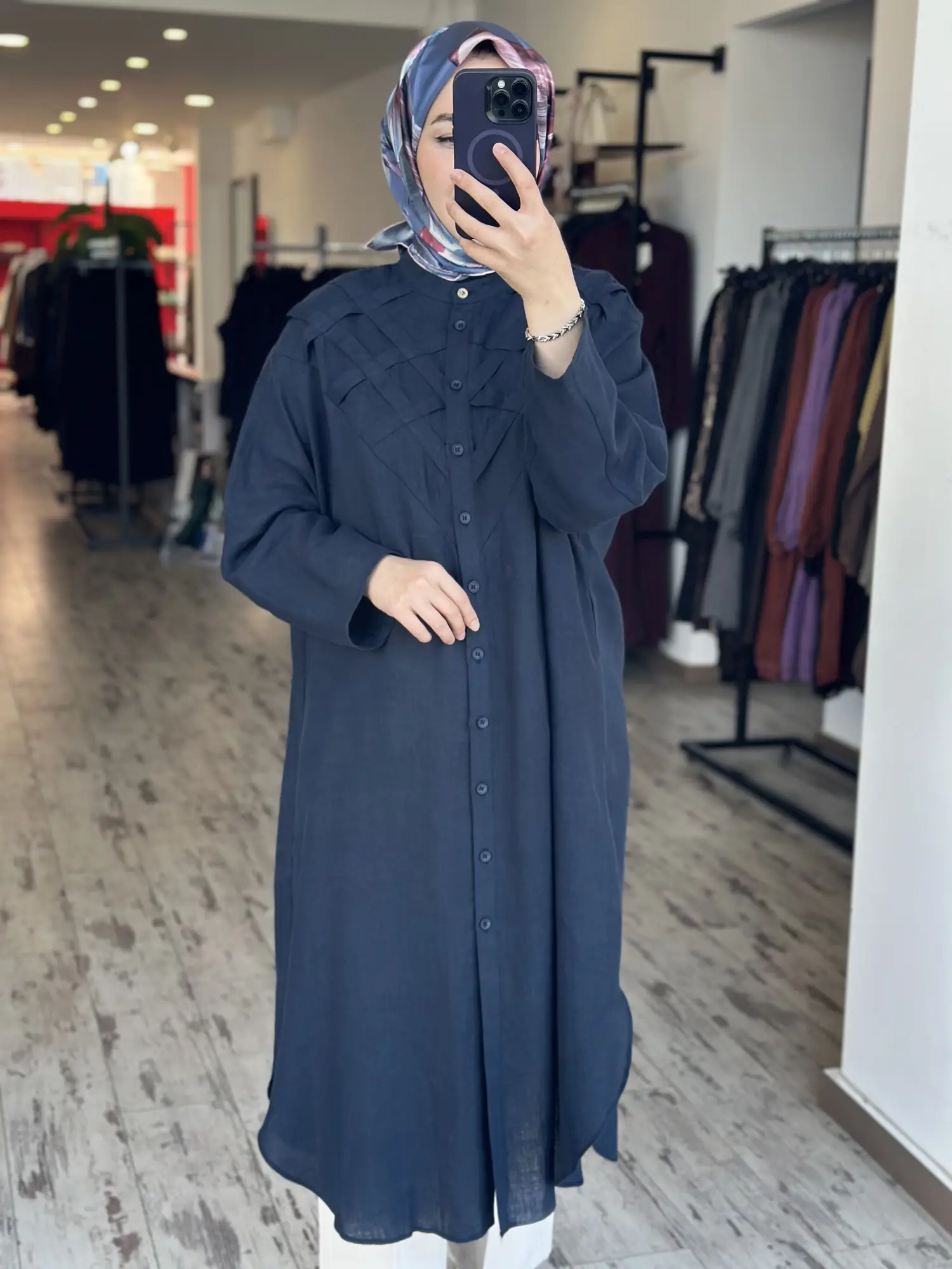 Kayra Göğüs Detaylı Maxi Boy Keten Gömlek KA21186A