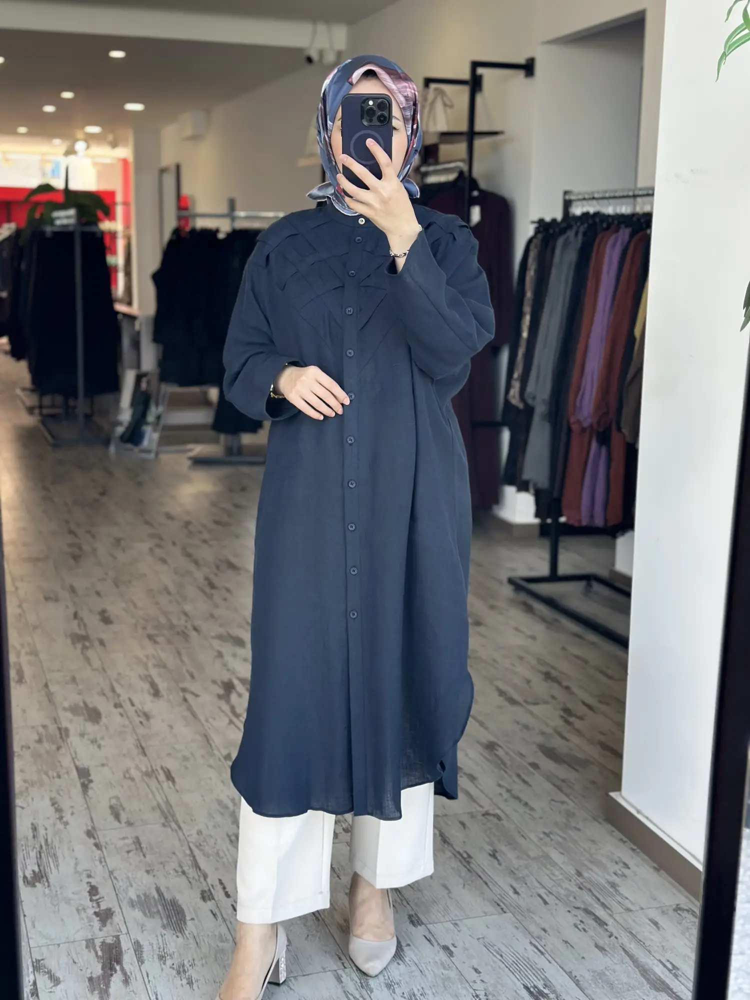 Kayra Göğüs Detaylı Maxi Boy Keten Gömlek KA21186A