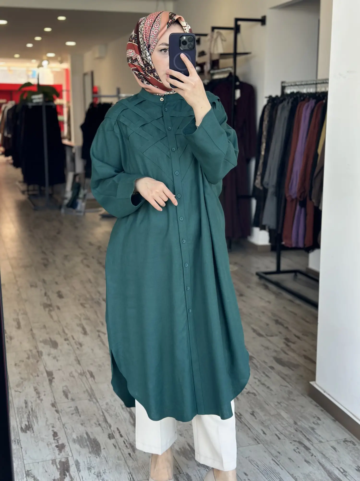 Kayra Göğüs Detaylı Maxi Boy Keten Gömlek KA21186A