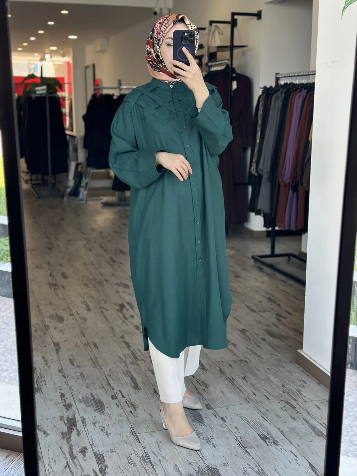 Kayra Göğüs Detaylı Maxi Boy Keten Gömlek KA21186A