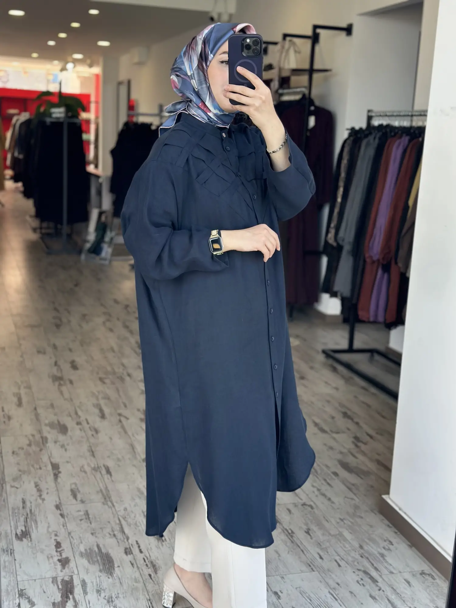 Kayra Göğüs Detaylı Maxi Boy Keten Gömlek KA21186A