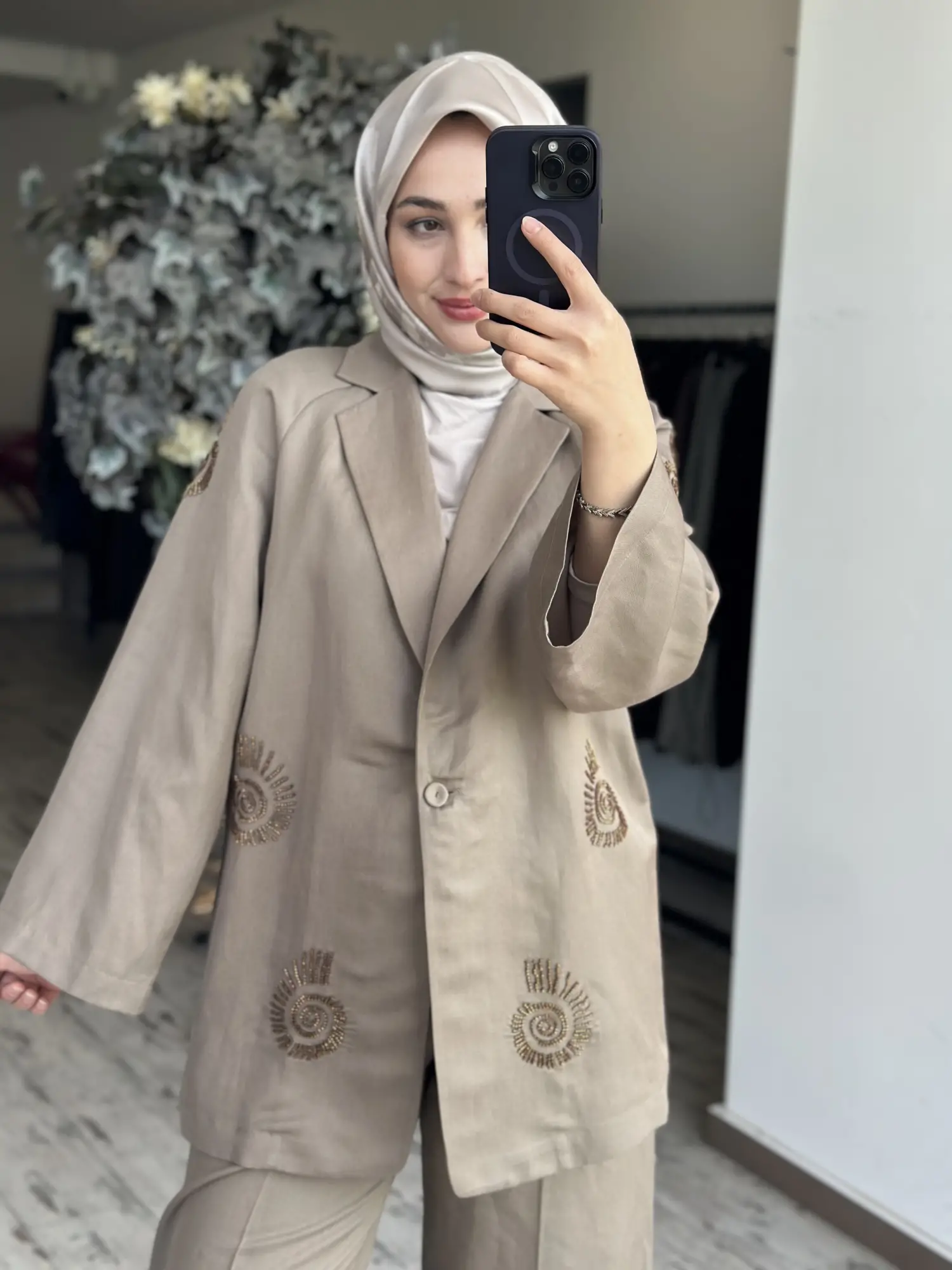 Kahma Boncuk Detaylı  Keten Ceket Pantolon Takım