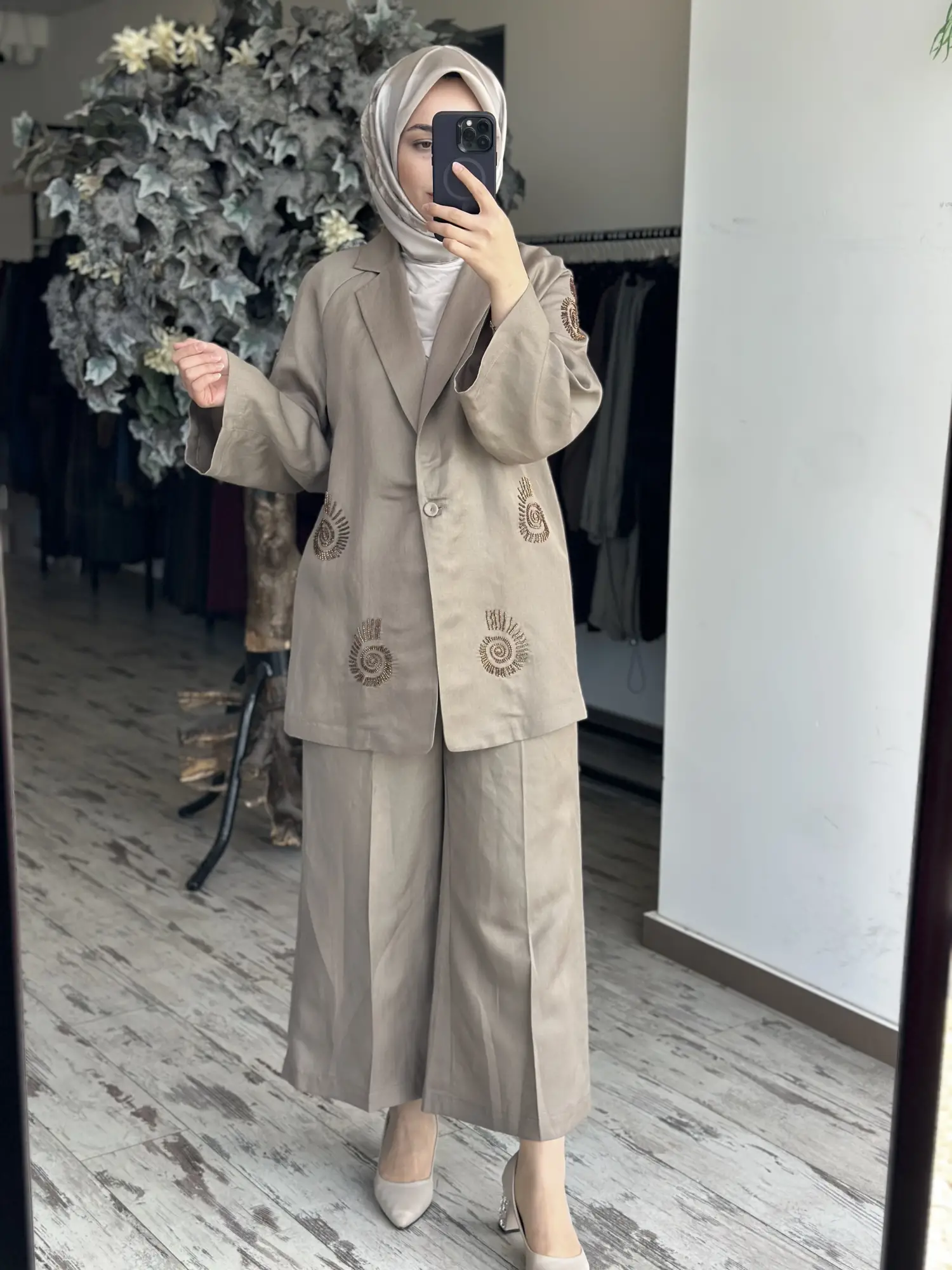 Kahma Boncuk Detaylı  Keten Ceket Pantolon Takım