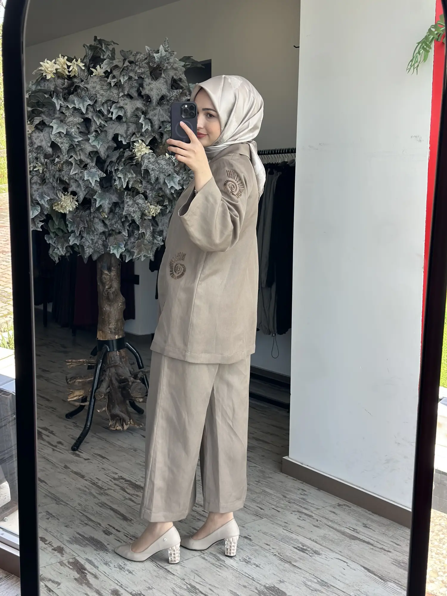 Kahma Boncuk Detaylı  Keten Ceket Pantolon Takım