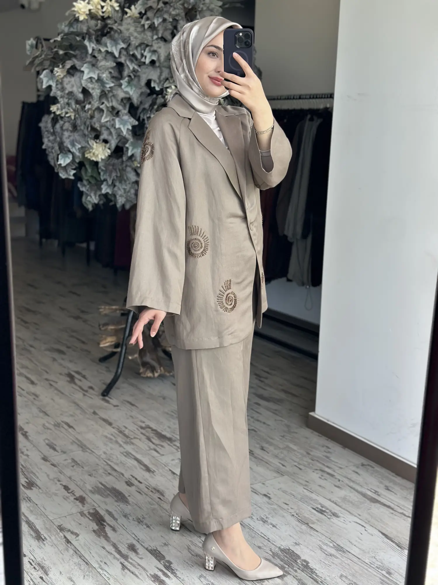 Kahma Boncuk Detaylı  Keten Ceket Pantolon Takım